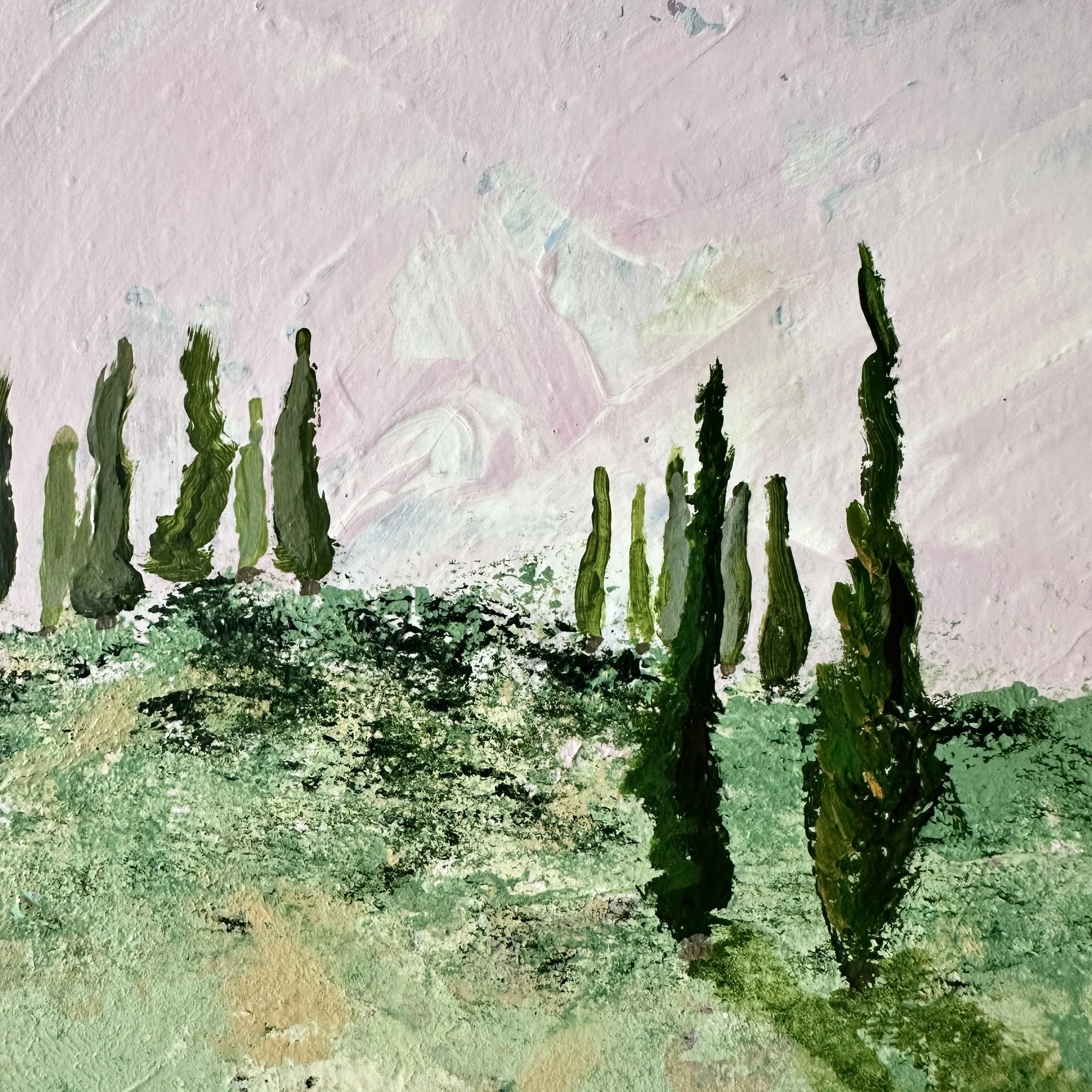 Close-up detail of layered acrylic brushwork in "Dolce Cypress Dreams," capturing the textured, painterly strokes of the abstract meadow and cypress trees.