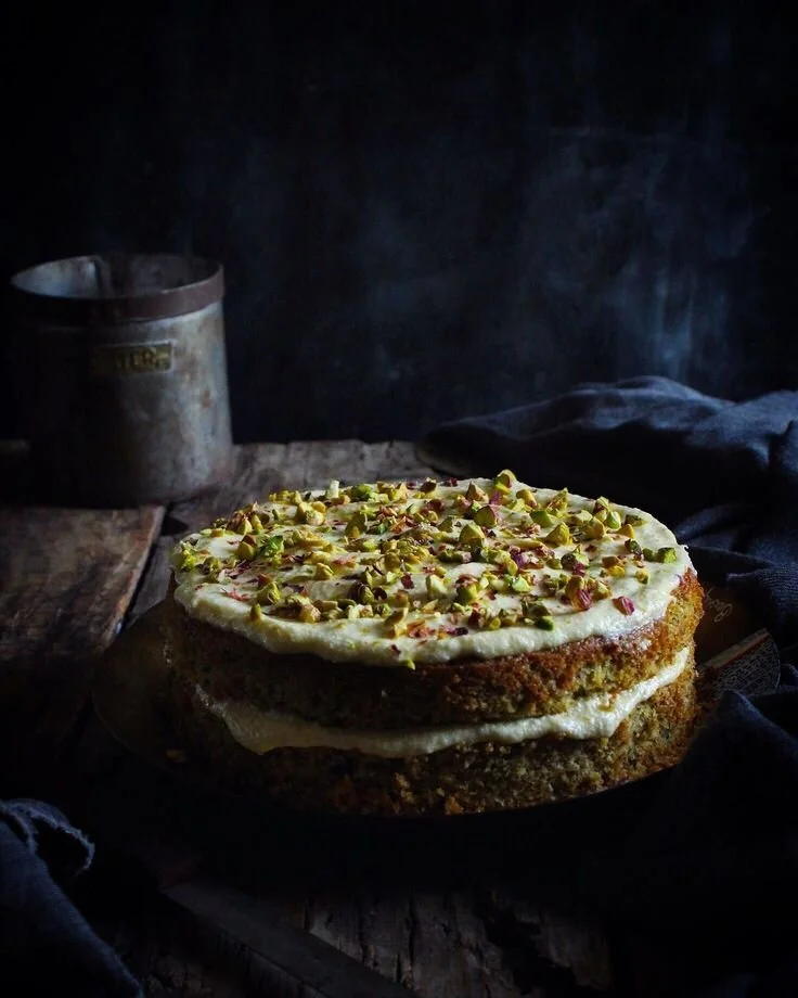 CARDAMOM, PISTACHIO &amp; SEMOLINA CAKE, WITH A ZESTY CASHEW CREAM FROSTING