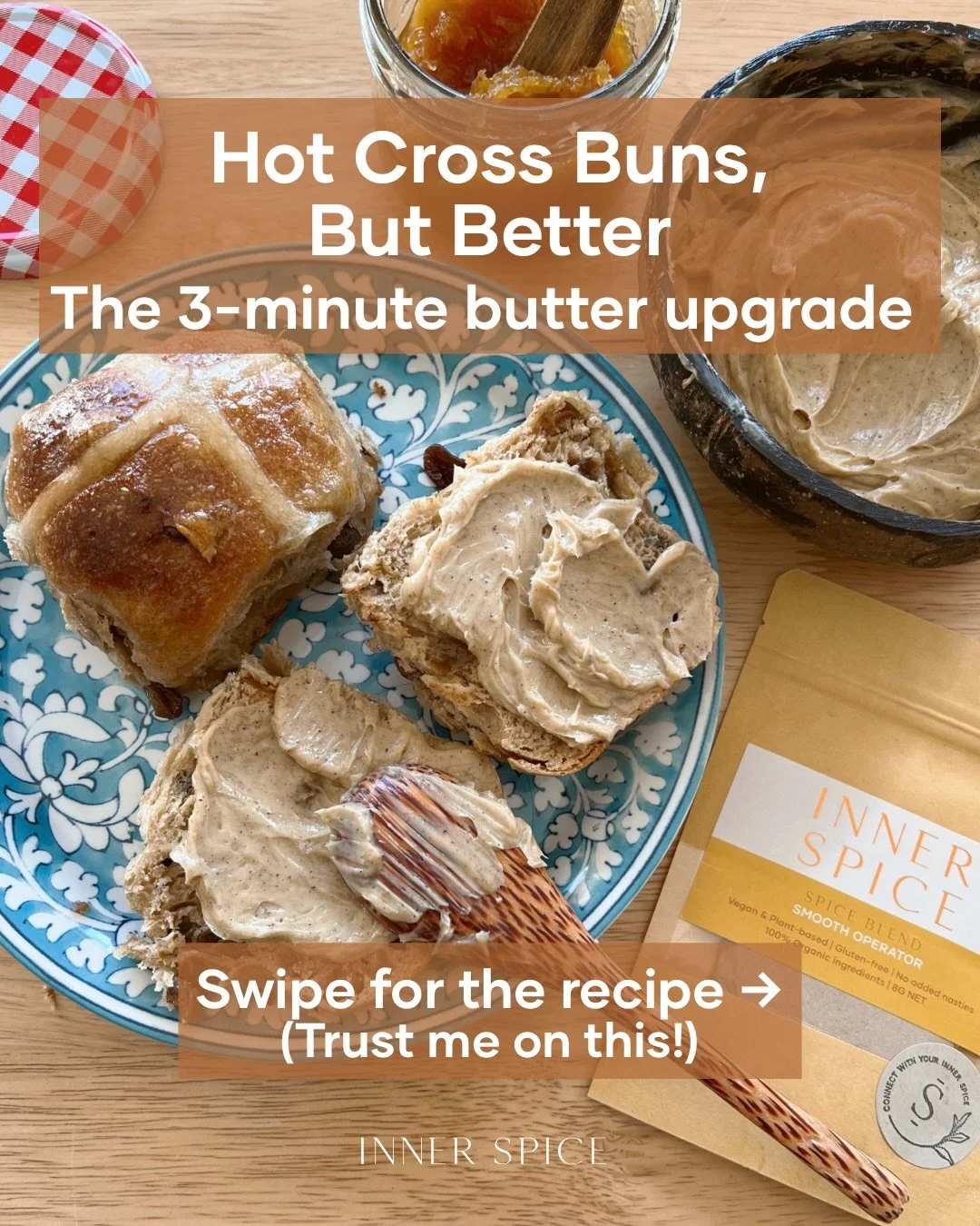 🐣Warm hot cross buns deserve to be slathered with some thing better than plain butter🧈😏

 💯This spiced butter takes 3 minutes and completely transforms them😋

👇🏽Ingredients + Recipe (for a 250g block of butter):
🧈1x 250g unsalted butter
🍁30m