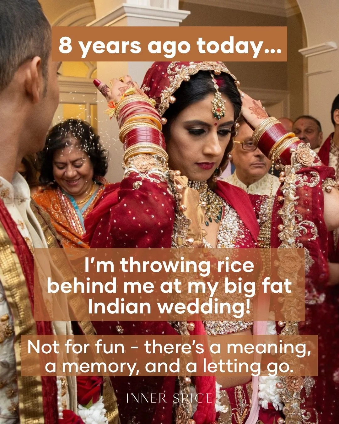 8 years ago today, I threw rice behind me on my big fat Indian wedding day!🎉

(Also, how has it been 8 years? Someone get this Queen a trophy, please!🏆👸🏽😅)

In Indian weddings, this ritual of &lsquo;vidaai&rsquo;, marks a farewell🙏🏽
 🧡As you 