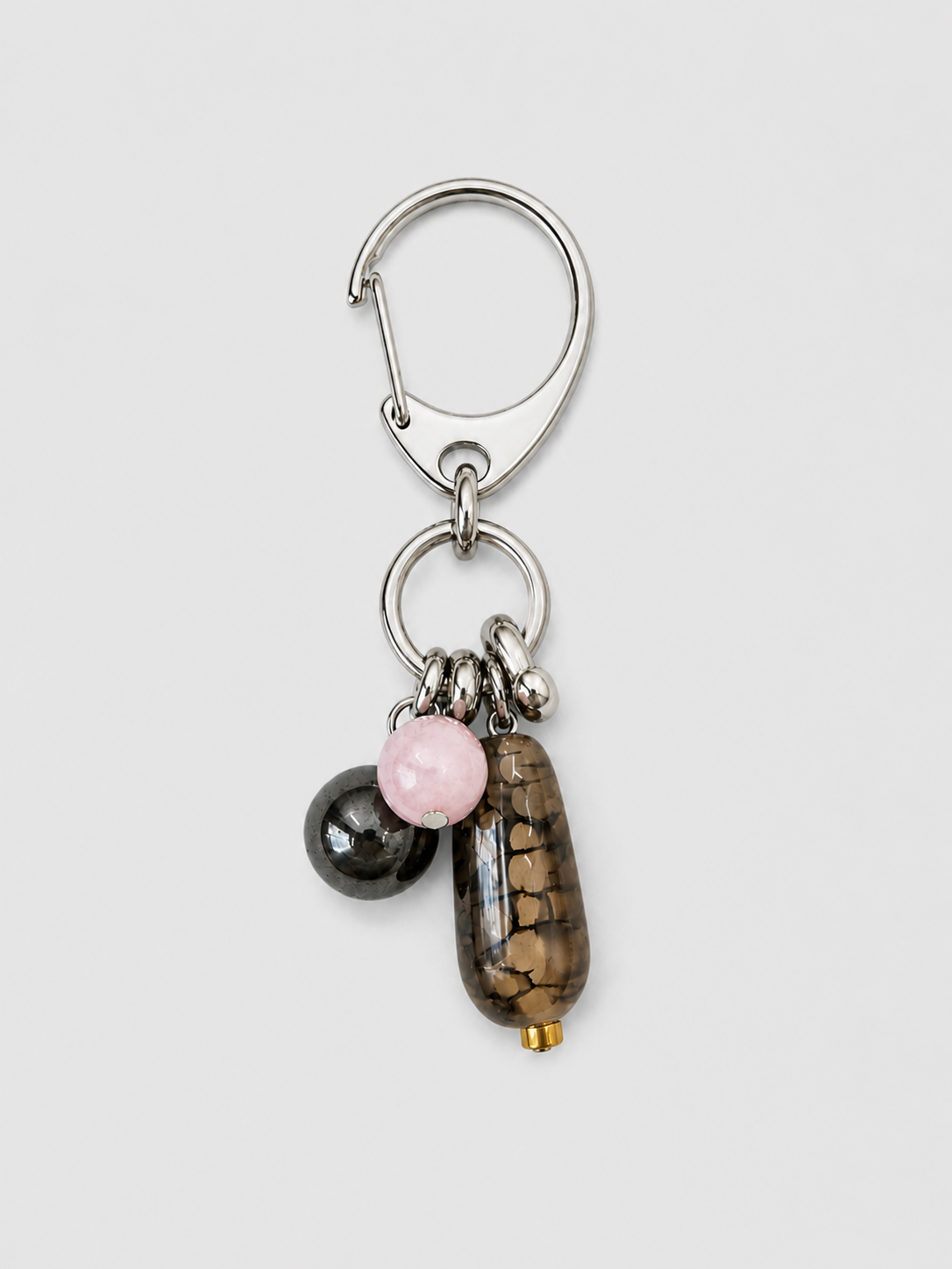 Handcrafted kunzite stone keychain with dragon vein agate and stainless steel hardware