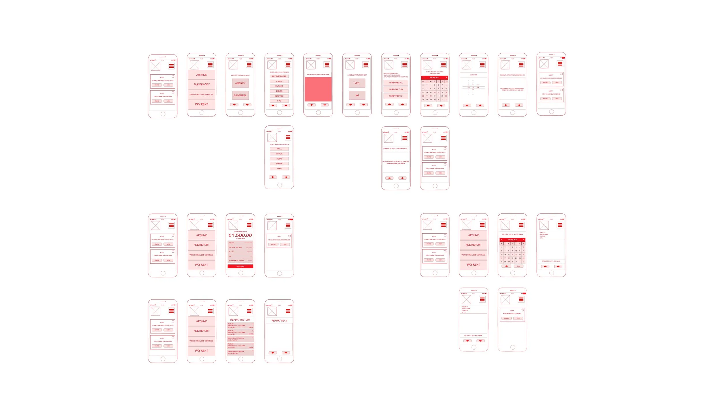 Above shows the first digital wireframe iteration of my user flows.  (To view the high-fidelity iterations, continue and view below.) As I was acting in so many roles for this project, including lead/director (and also in having upheld leadership roles in design and otherwise before) I went back to my default setting of ‘red pen.’  However, in understanding a potential taboo, for presentation purposes, I re-worked in greyscale, making my own design system for future projects as well.Below shows the second digital wireframes as created in Adobe XD, with the color change I required to avoid any taboo/misinterpretations.