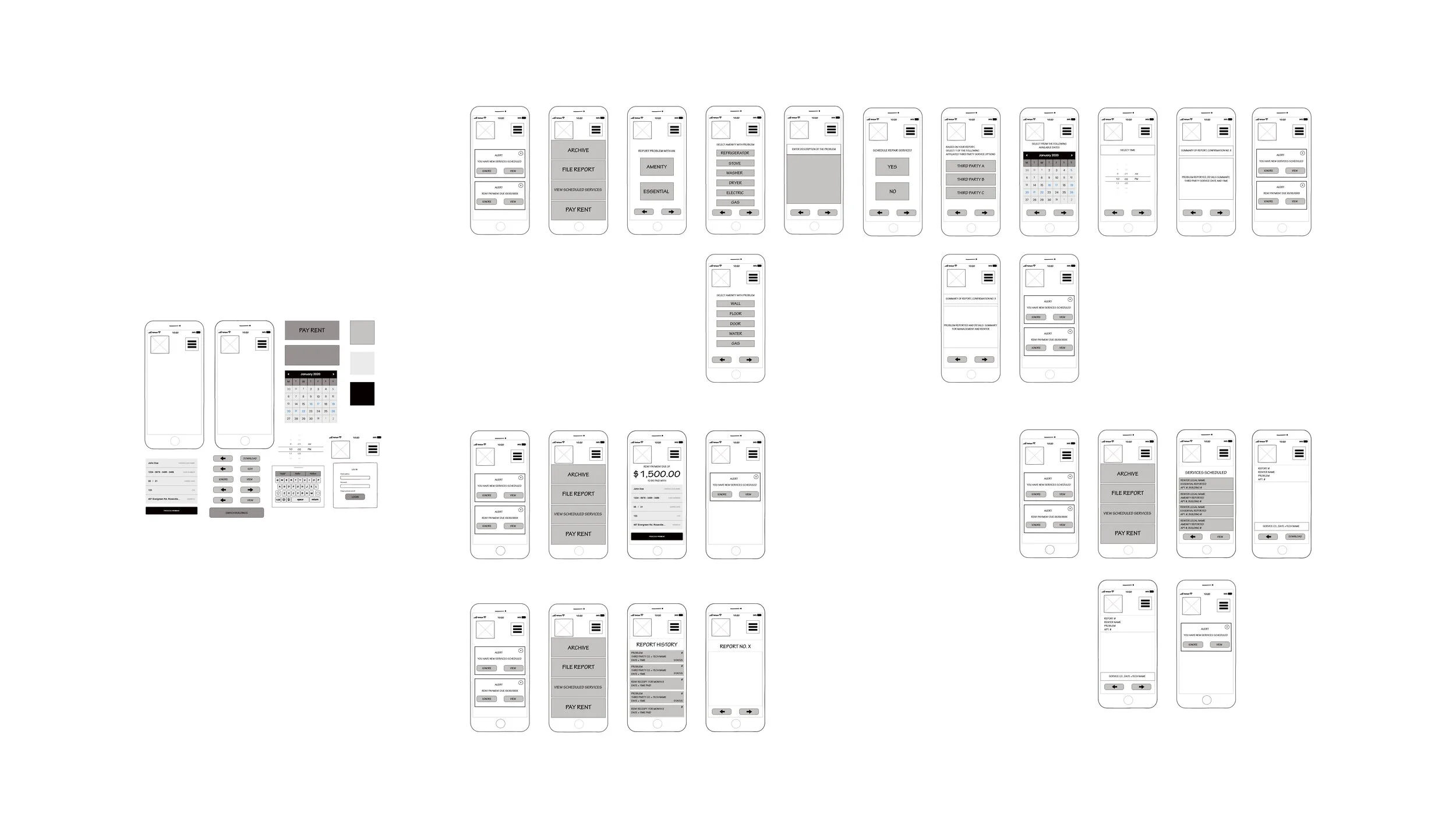After creating the renter wireframes/flows above, it was here that I realized that in setting the base for my renter-user-type, it made sense to separate my management and third party user types.&nbsp;The base of the renter included paying rent, and filing reports, as well as archive-recall for receipts of either repairs scheduled at the end of said reports, or invoices from paying rent each month.&nbsp;Since management required the ability to view renter requests, then approve/deny said requests, the interface at the main menu had to be changed already here. This was the initial point of separation from third party user types, as third parties would be assumed to take all requests sent by management. This connected management to third parties, however, management remained Rent Right’s main client.&nbsp;My initial design expanded exponentially by comparison to my sketch.To ensure overall functionality for each user type, the wireframes of both management and third parties were made in separate files. This allowed me as a designer to work through each user type>unique user flow/function>develop specifics further.&nbsp;The management user and third party user wireframes are shown below.