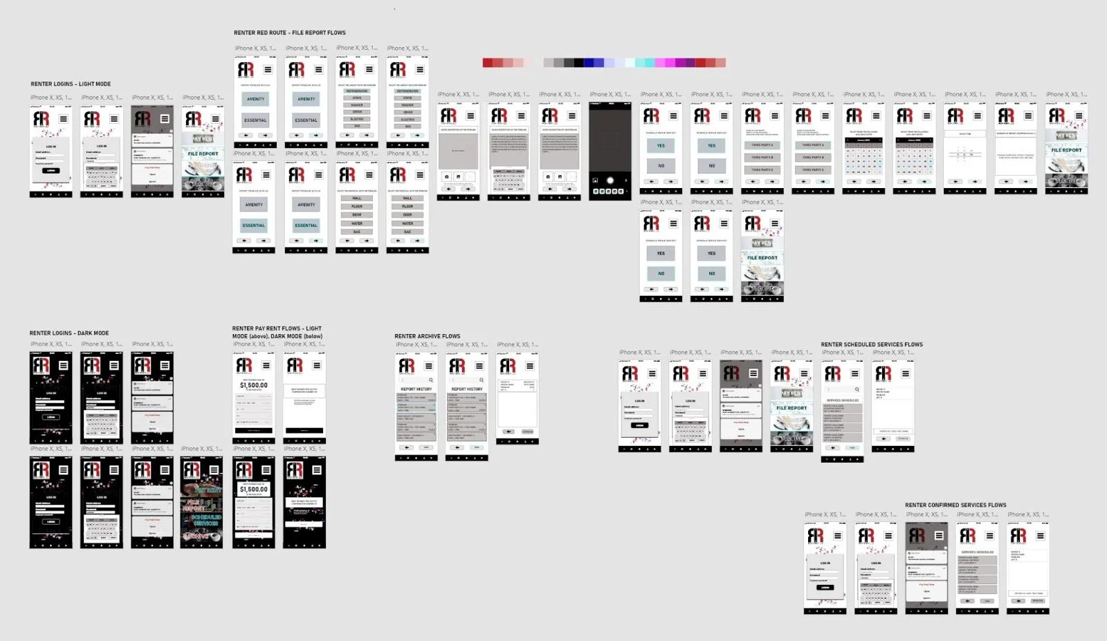 The initial light and dark modes for renter users can be viewed above. I was still experimenting with how the main menu should look, and pushed my design for each using the moodboard/imagery collected in my style guide to build this.&nbsp;I liked the dark mode iteration here, however, I was unsure how well my design at this point fit the brand overall.  I wondered here if my users would find these main menus “too busy.”  Working through each of these user types in high-fidelity required certain assumptions to be made. Assuming no issues were determined in the sign-up of management, and that management already had a list of applicable third party companies they were already affiliated with (i.e. already in use), which also had no issues in this sign-up, I had&nbsp;to determine what each base would look like. And design in detail for it. The results of which are shown above.&nbsp;It was here that I realized that the third party could be divided further; management level and service tech level.to complete the map of flows in full circle, there was simply no way a singular third party interface could be utilized effectively.&nbsp;I made the assumption at this stage that the third party tech would act like any tech repair giant, like Verizon and Xfinity, therefore. This worked with ease into my idea, and resolved what could have been a critical issue.