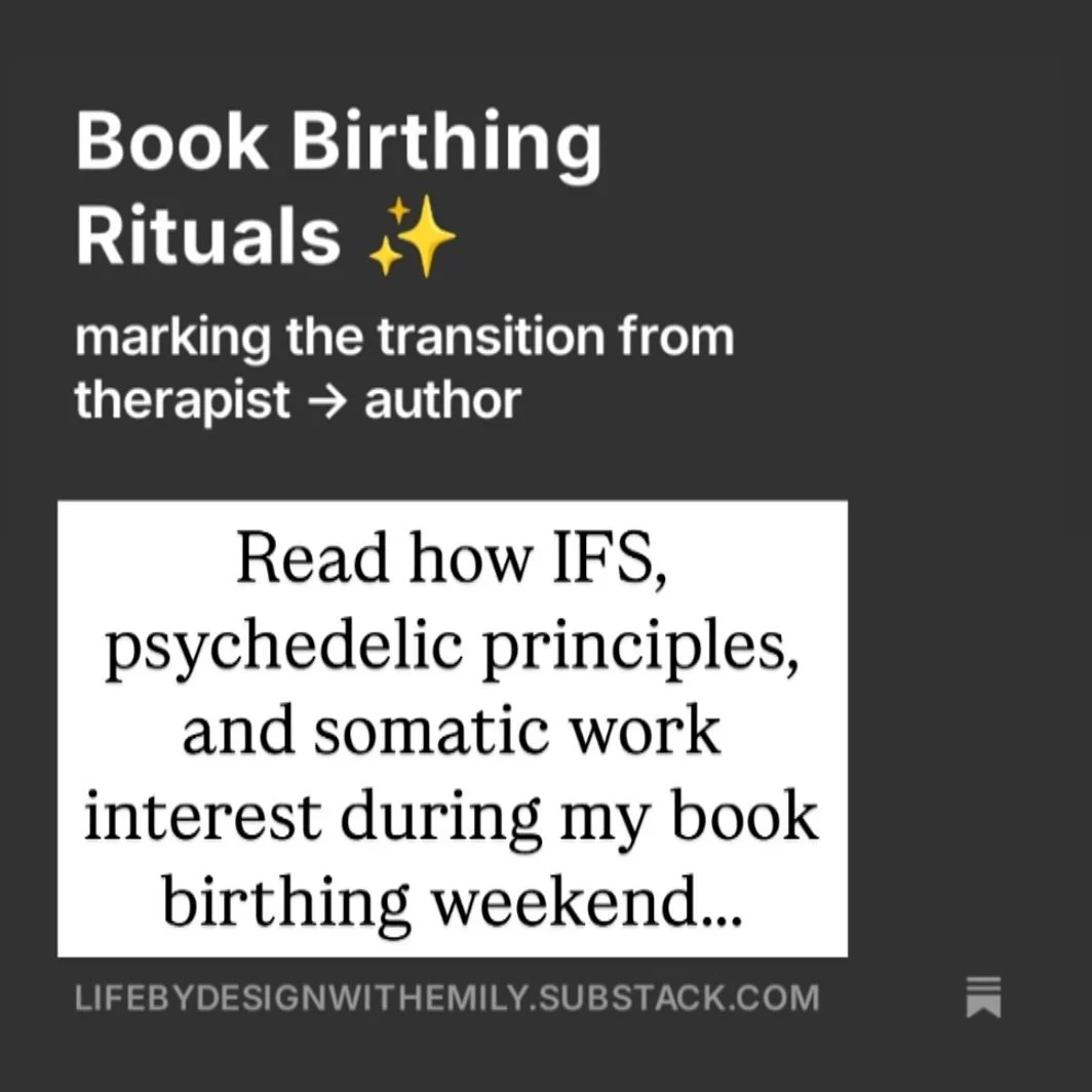 *intersect 🙃 (not taking time to repost my spelling error 😂) 
Join me over on Substack as I share how I prepared for the release of my first book. 
Combining #IFS, #psychedelictherapy principles, and #somaticwork 
I hope you’re inspired to