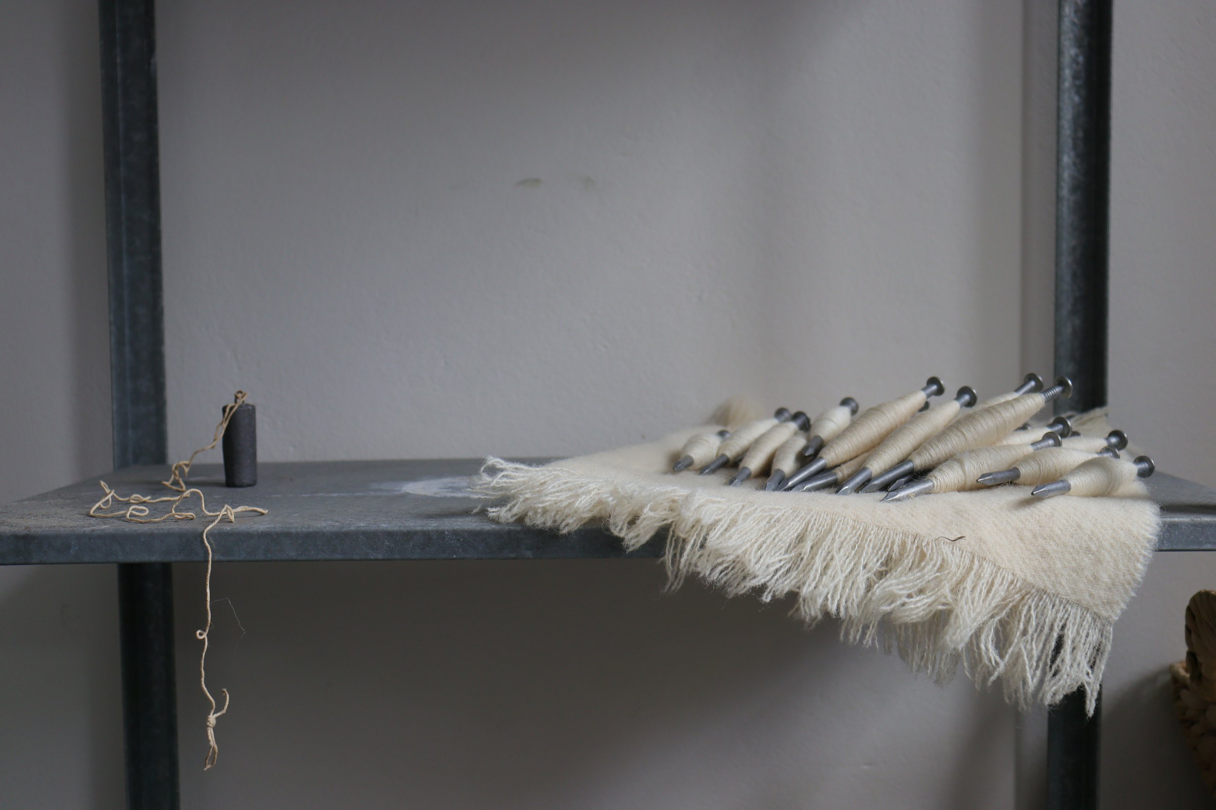 'Site wound - a gathering', 2025
My great-grandfather's plumbob, hand-spin silk and galvanised steel.
Studio shot.