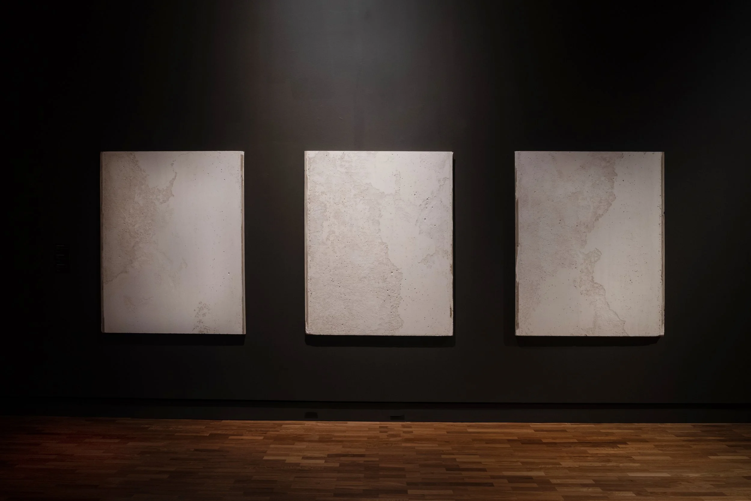 'Elegy I, II and III' (installation view), 2022
Washed Gyprock plasterboard mounted on timber.
120 x 200cm each 
Image courtesy of Justine Roche.
Exhibited at Tamworth Regional Gallery, 2025. 