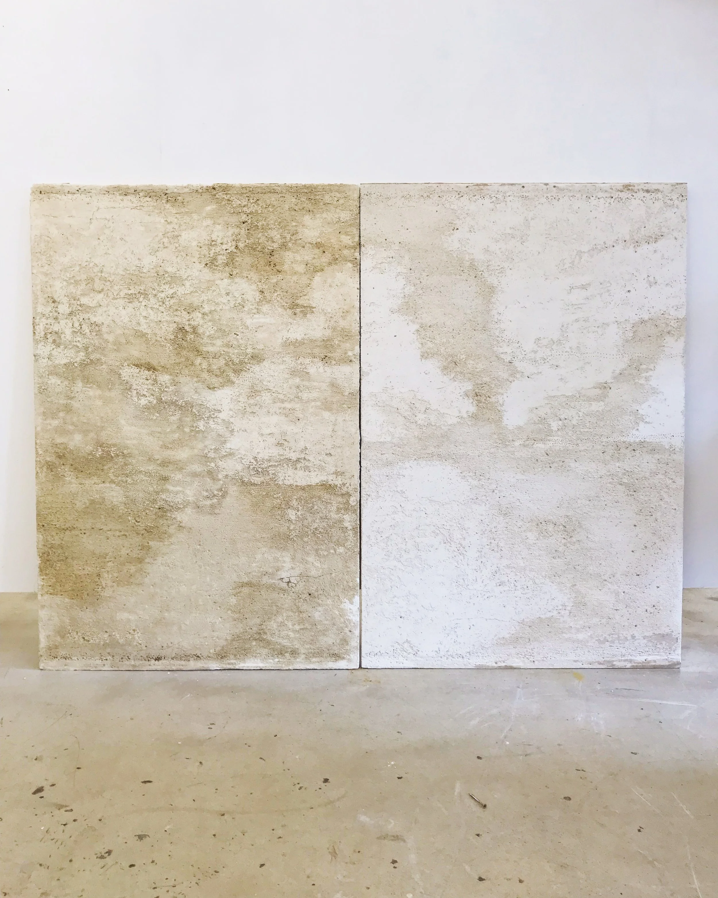 'Between sand and stone', 2022
Washed plasterboard with beeswax mounted on timber.
Diptych: 120 x 80cm.