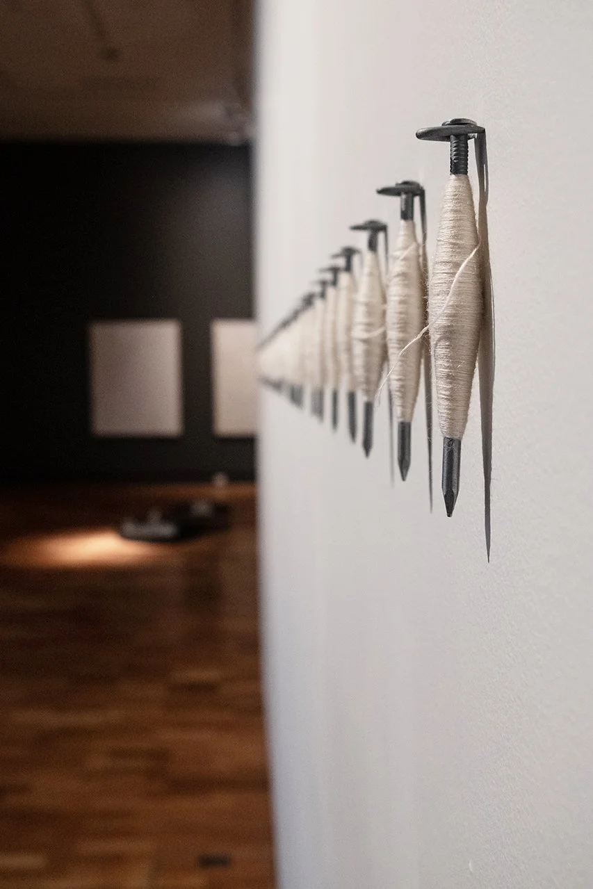 'Site wound' (installation view), 2025
Hand-spun silk with galvanised steel.
31 pins; each approximately 15 x 3 x 3cm.
Image courtesy of Justine Roche. Exhibited as part of the 'Present/Place' exhibition at Tamworth Regional Gallery, NSW. 