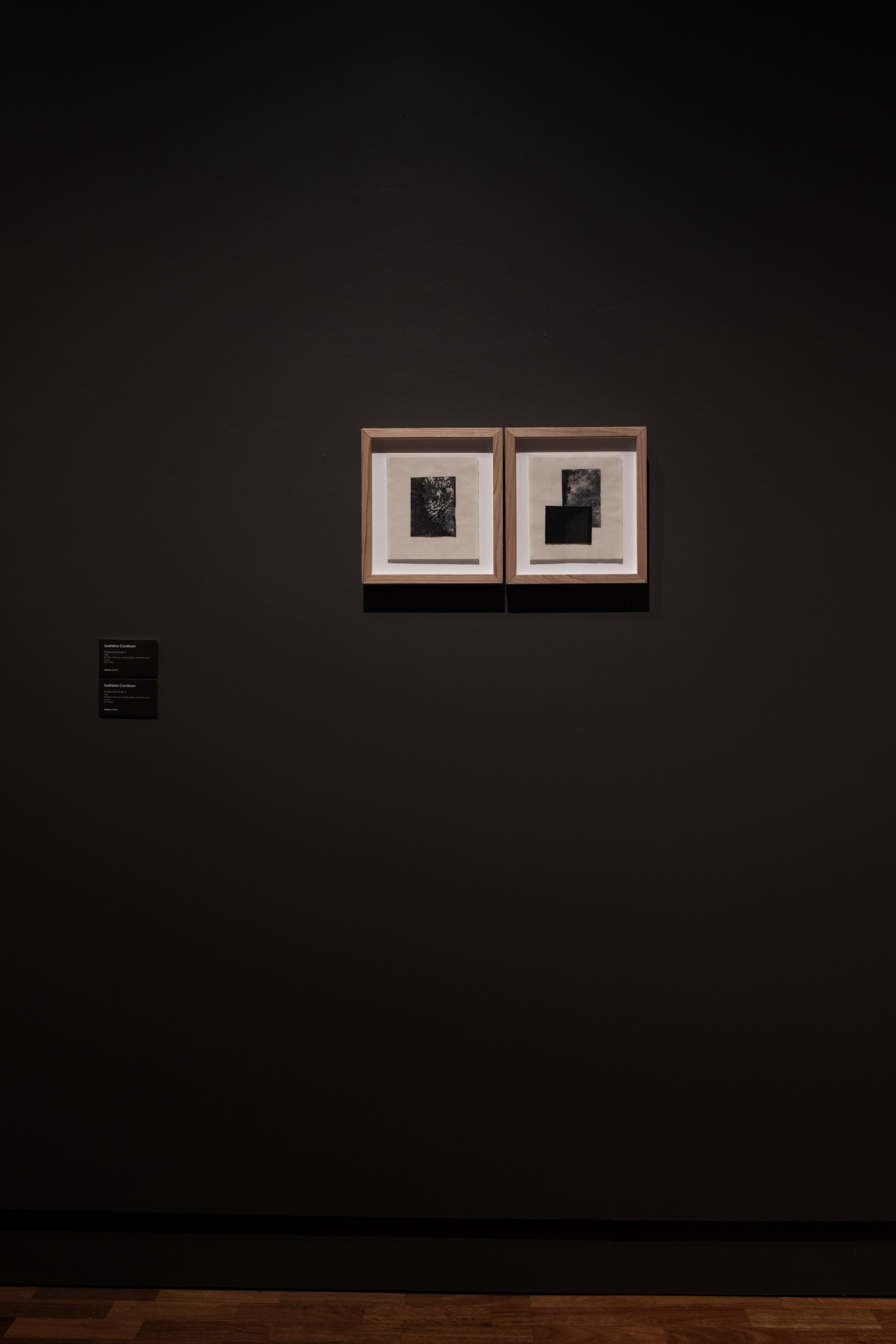 'Charcoal studies 1 and 2', 2022.
Bushfire charcoal, baking paper, beeswax and paper.
32 x 29cm each (framed)