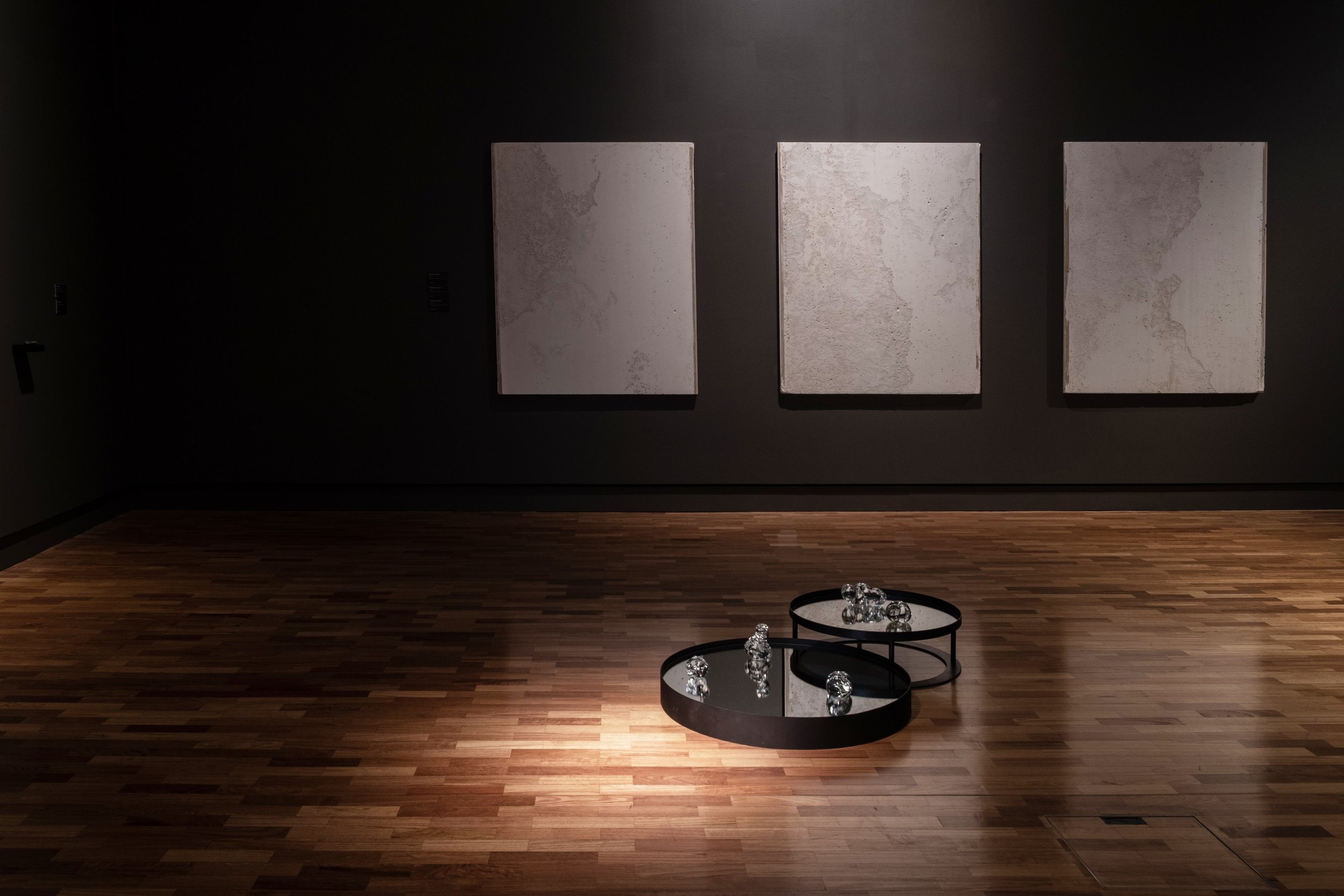 'Elegy I, II and III' (installation view), 2022
Washed Gyprock plasterboard mounted on timber.
120 x 200cm each 
Image courtesy of Justine Roche.
Exhibited at Tamworth Regional Gallery, 2025.