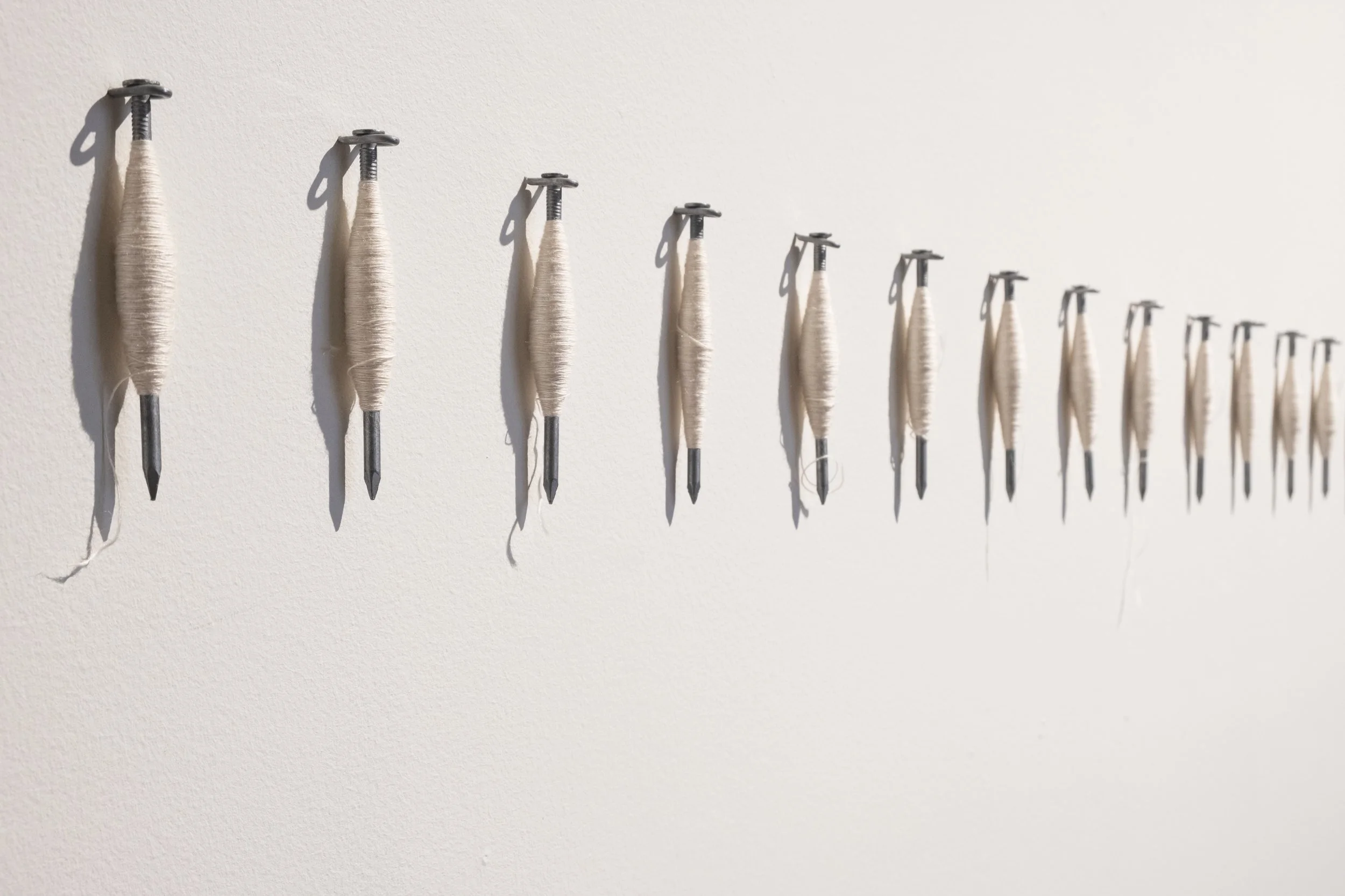 'Site wound' (installation view), 2025
Hand-spun silk with galvanised steel.
31 pins; each approximately 15 x 3 x 3cm.
Image courtesy of Justine Roche. Exhibited as part of the 'Present/Place' exhibition at Tamworth Regional Gallery, NSW. 