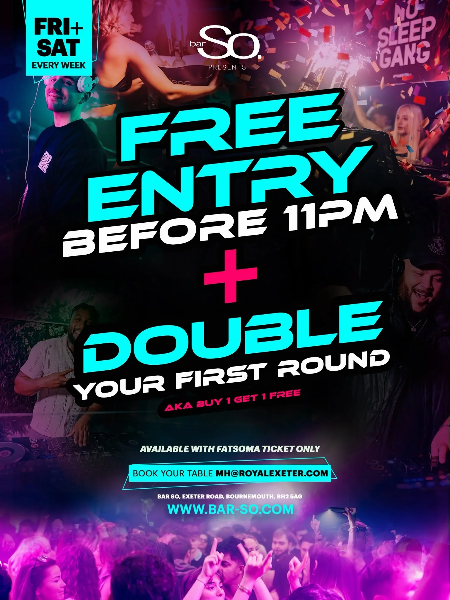 artwork showing free entry tickets plus free drink on Saturdays in bournemouth bar so nightclub