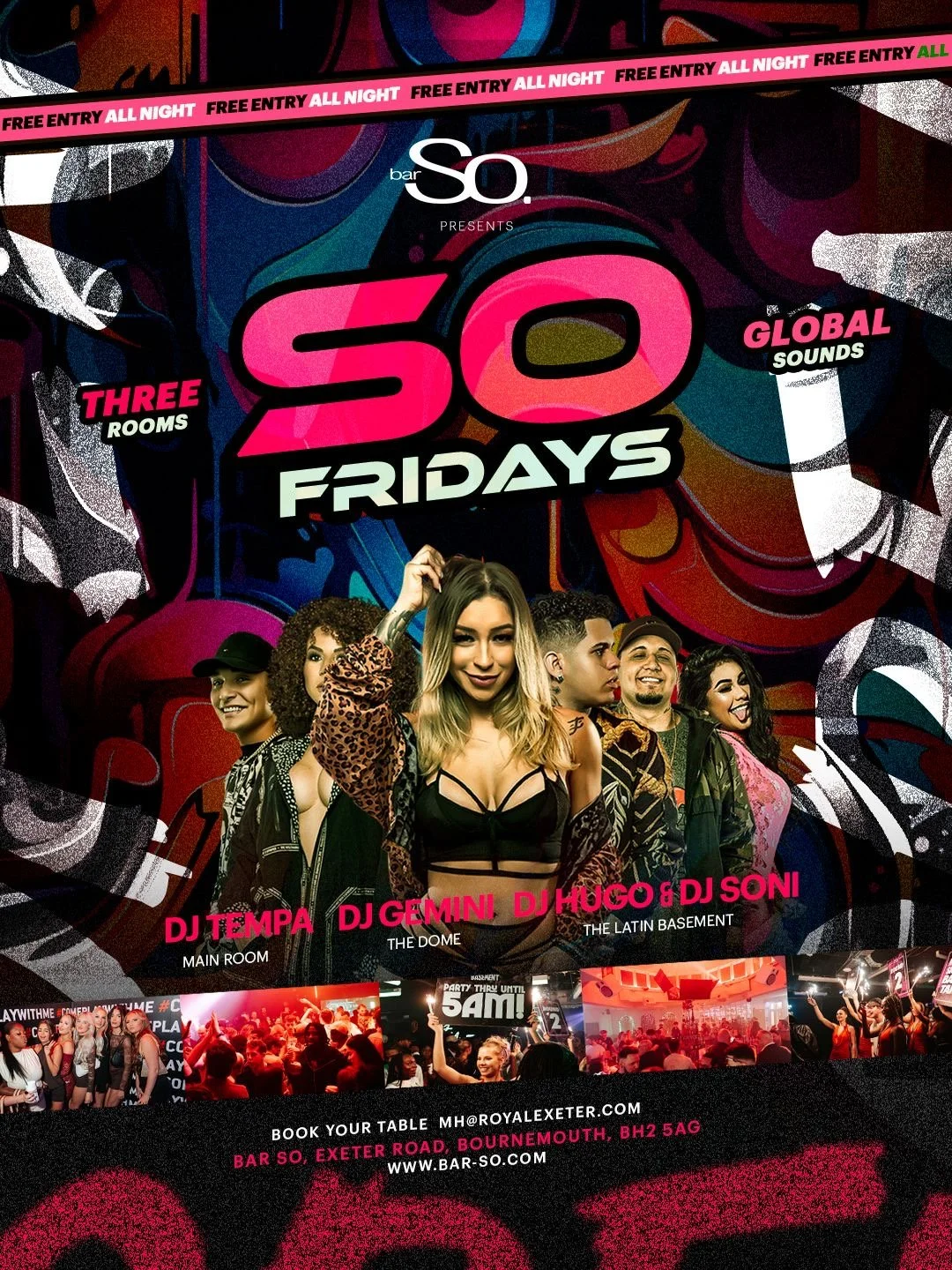Bar So Fridays Bournemouth – three-room nightclub event with DJs playing house, Latin and global music