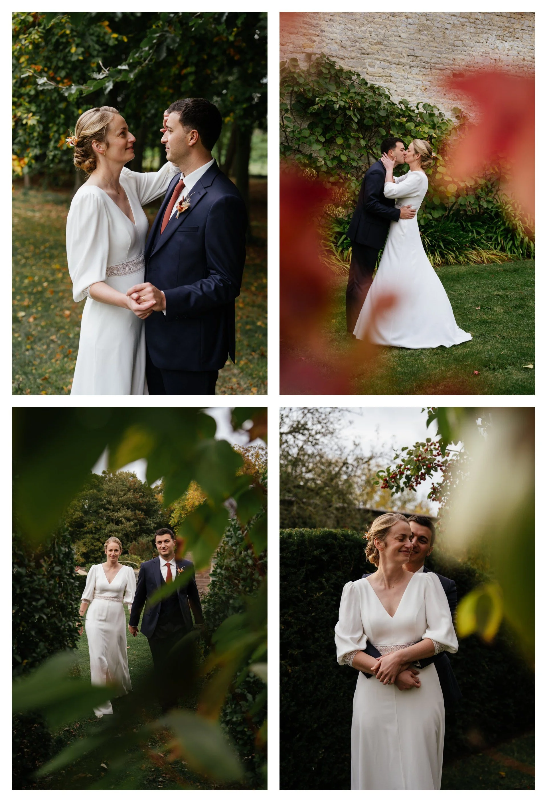 Quatre photos de mariage avec un couple dans un jardin. La première montre le couple tenant la main, la deuxième leur pose un baiser, la troisième les montre marchant entre des buissons, et la quatrième une femme souriante avec un partenaire derrière elle.