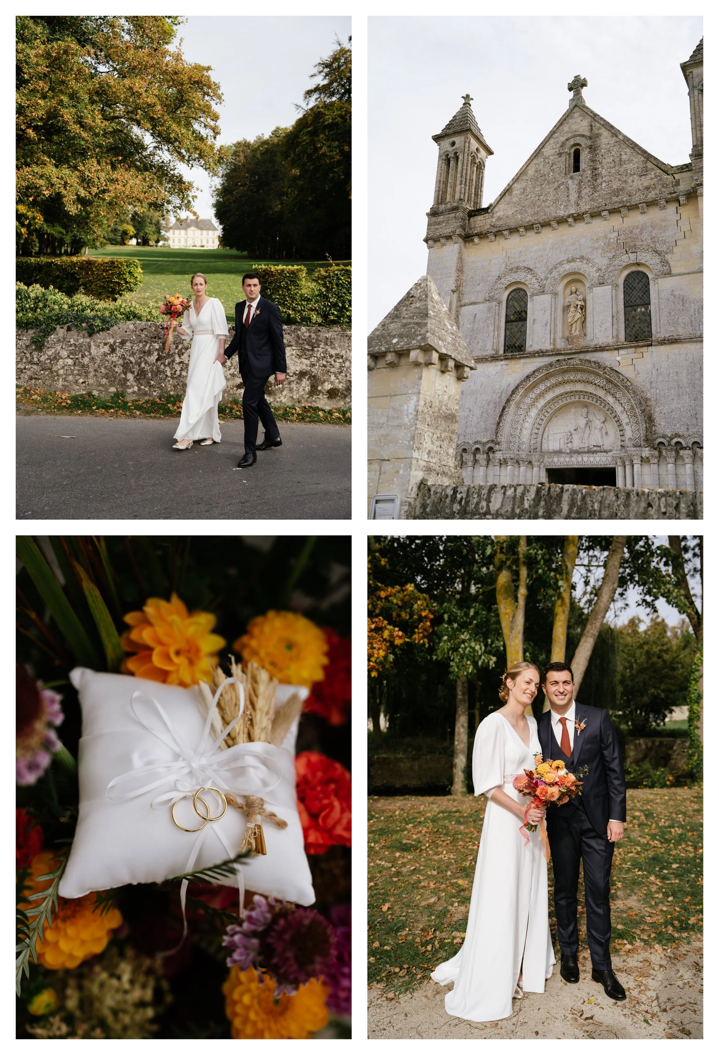 Un couple de mariés pose devant une église en pierre, puis dans un parc avec des arbres. Il y a une bague de mariage et un bouquet de fleurs dans une petite pochette blanche, entourés de fleurs colorées.