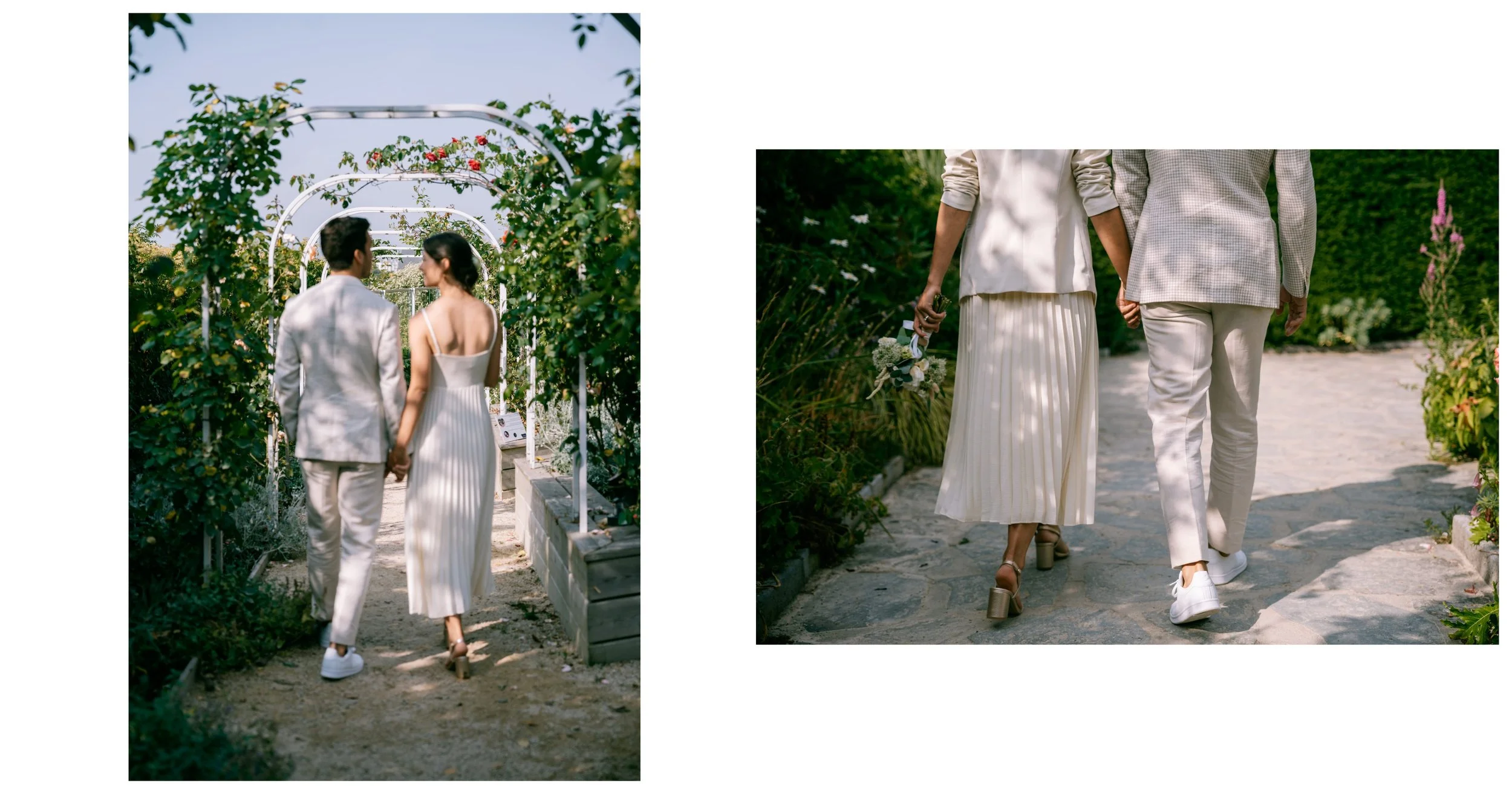 Un couple marchant main dans la main dans un jardin lors d'un mariage, entouré de verdure et de fleurs.
