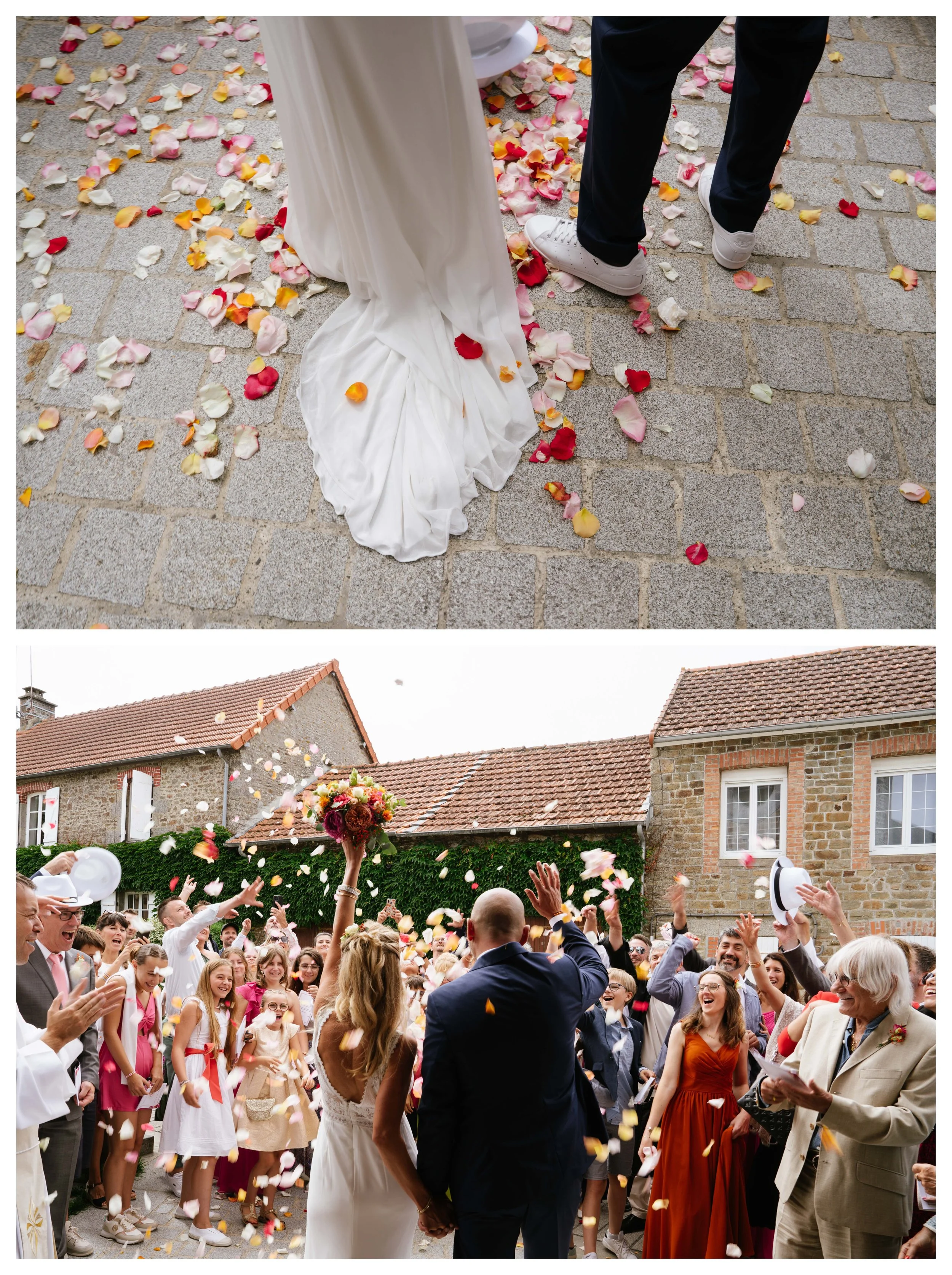 Deux images d'un mariage : la première montre le sol avec des pétales de fleurs, la seconde montre un groupe de personnes lançant des pétales autour d'un couple marié qui se tient main dans la main, entouré d'amis et de famille.