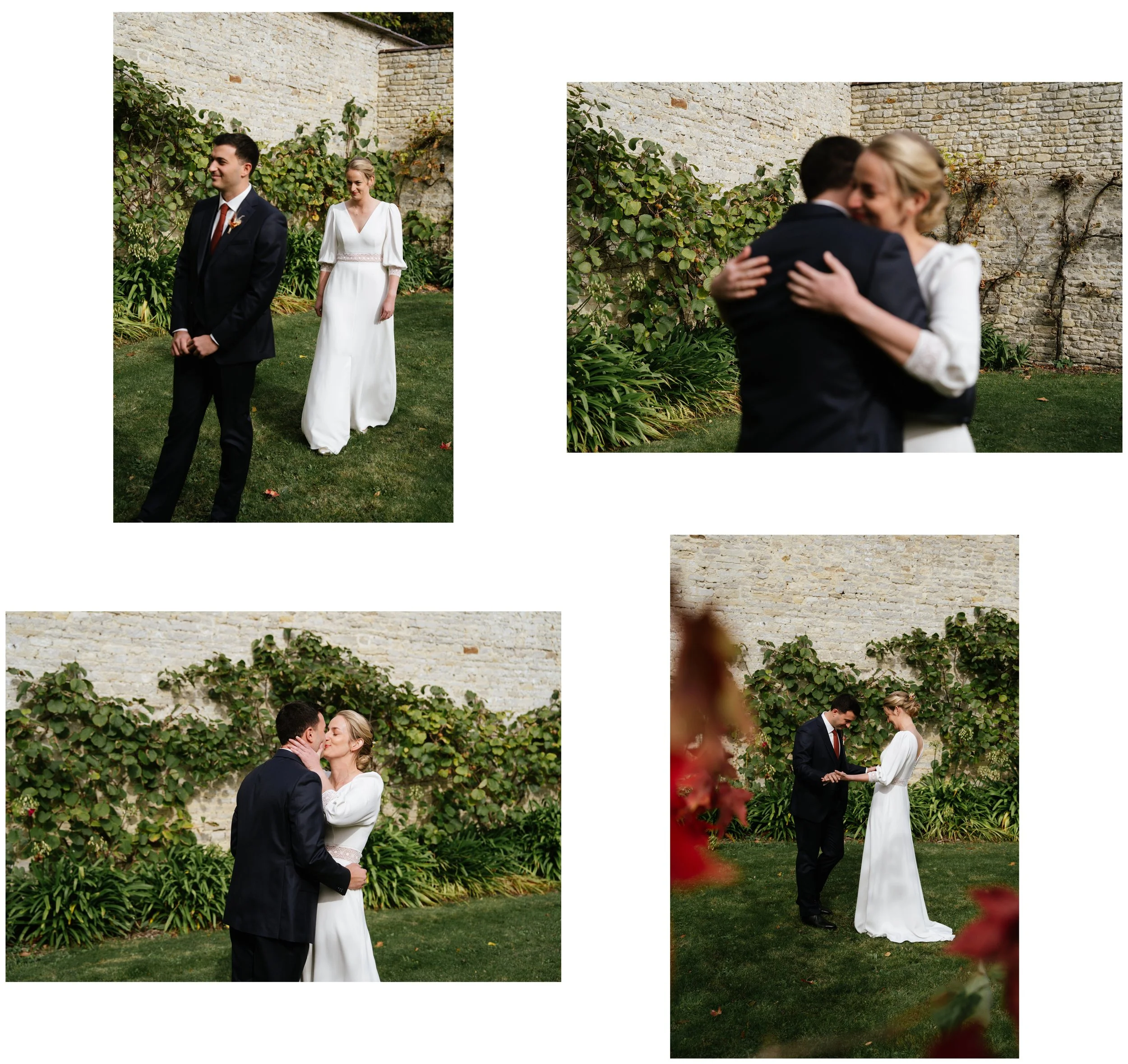 Séquence de photos de mariage avec un couple en robe blanche et costume noir dans un jardin avec mur en pierre et végétation verte, échangeant des baisers et des moments intimes.