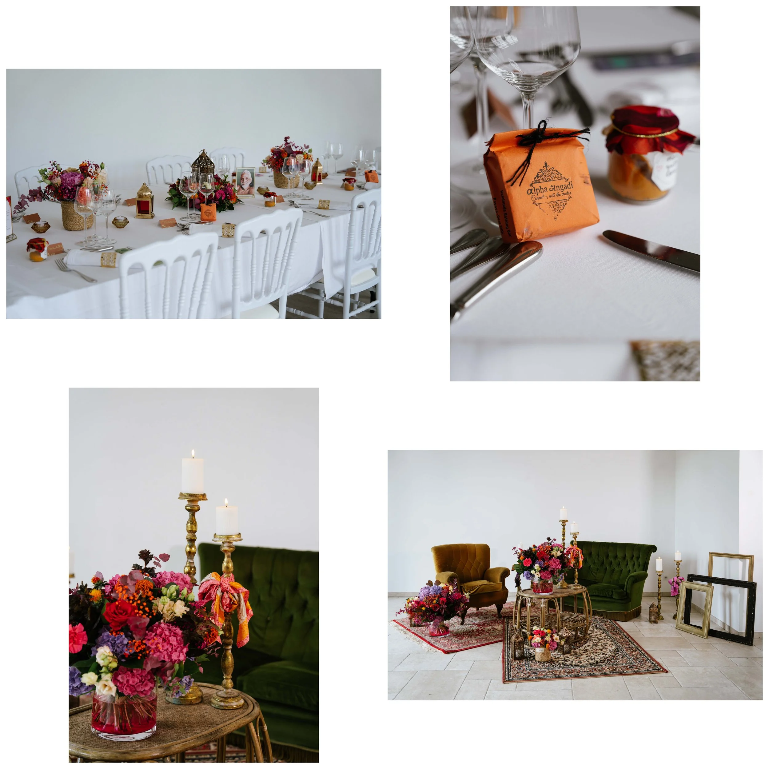 Décoration intérieure d'un mariage avec une table élégante, petits cadeaux et assiettes, bougies et fleurs, meubles vintage avec coussins verts et fauteuils, candélabres, tapis et cadres.