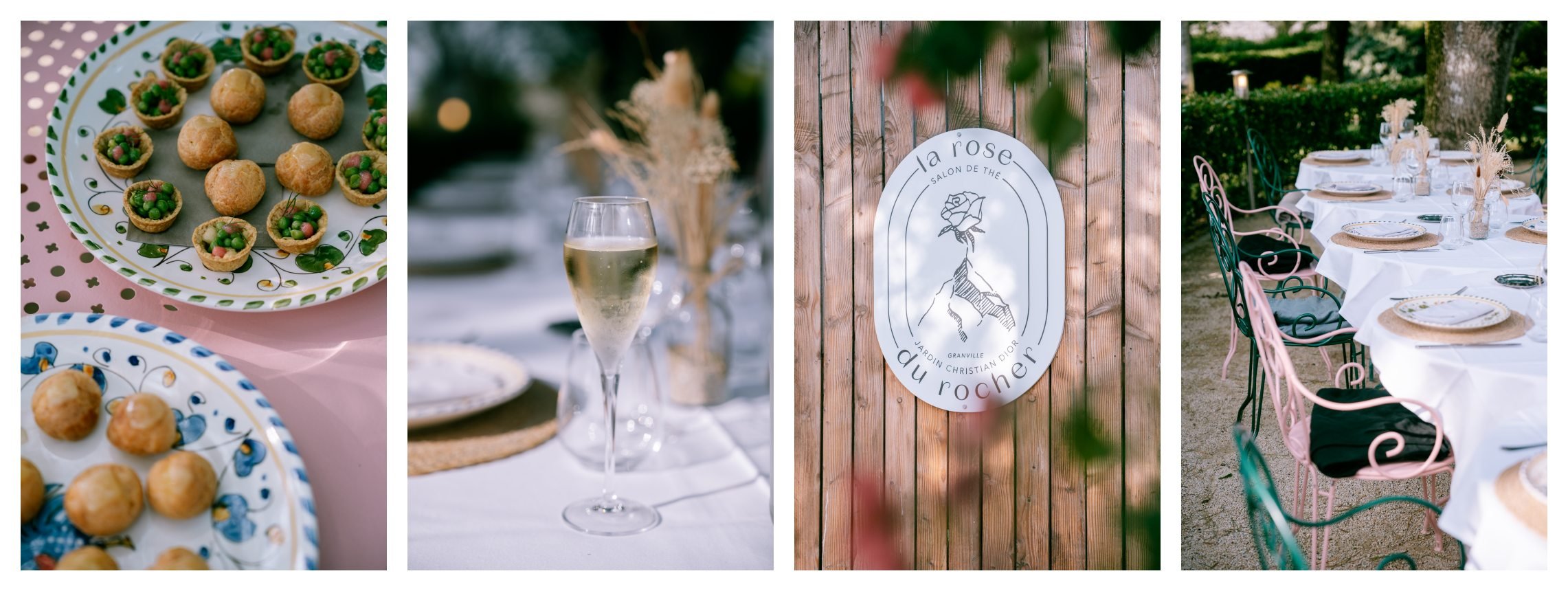 Table décorée pour un événement en plein air avec assiettes, verre de champagne, décorations florales, un panneau avec une rose et le texte « la rose du rocher » et une rangée de chaises autour d'une longue table vêtue d'une nappe blanche.