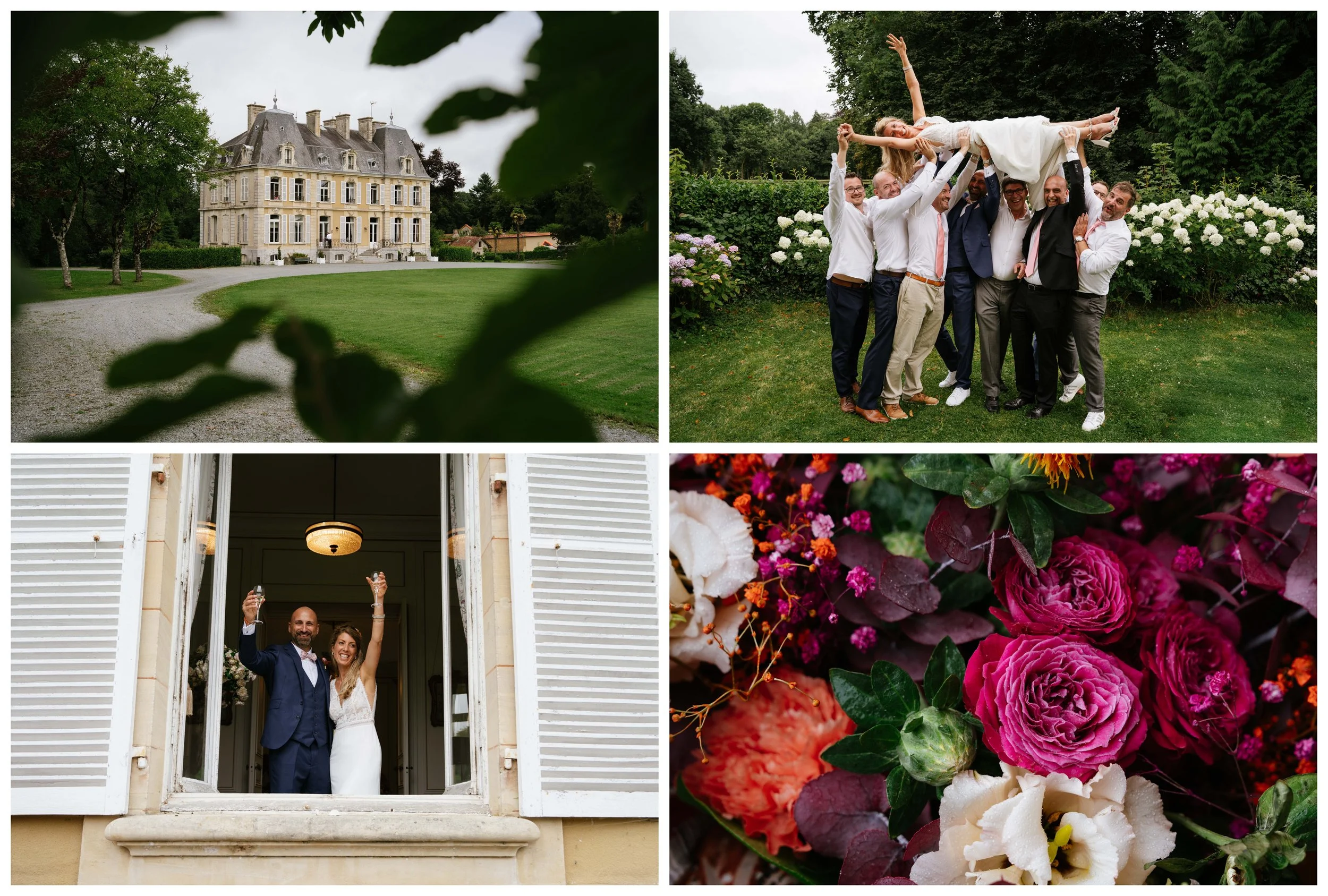Vue d'un château entouré d'un jardin, groupe de personnes célébrant un mariage dans un jardin, couple de mariés la fenêtre levant leurs verres, bouquet de fleurs de mariage colorées.