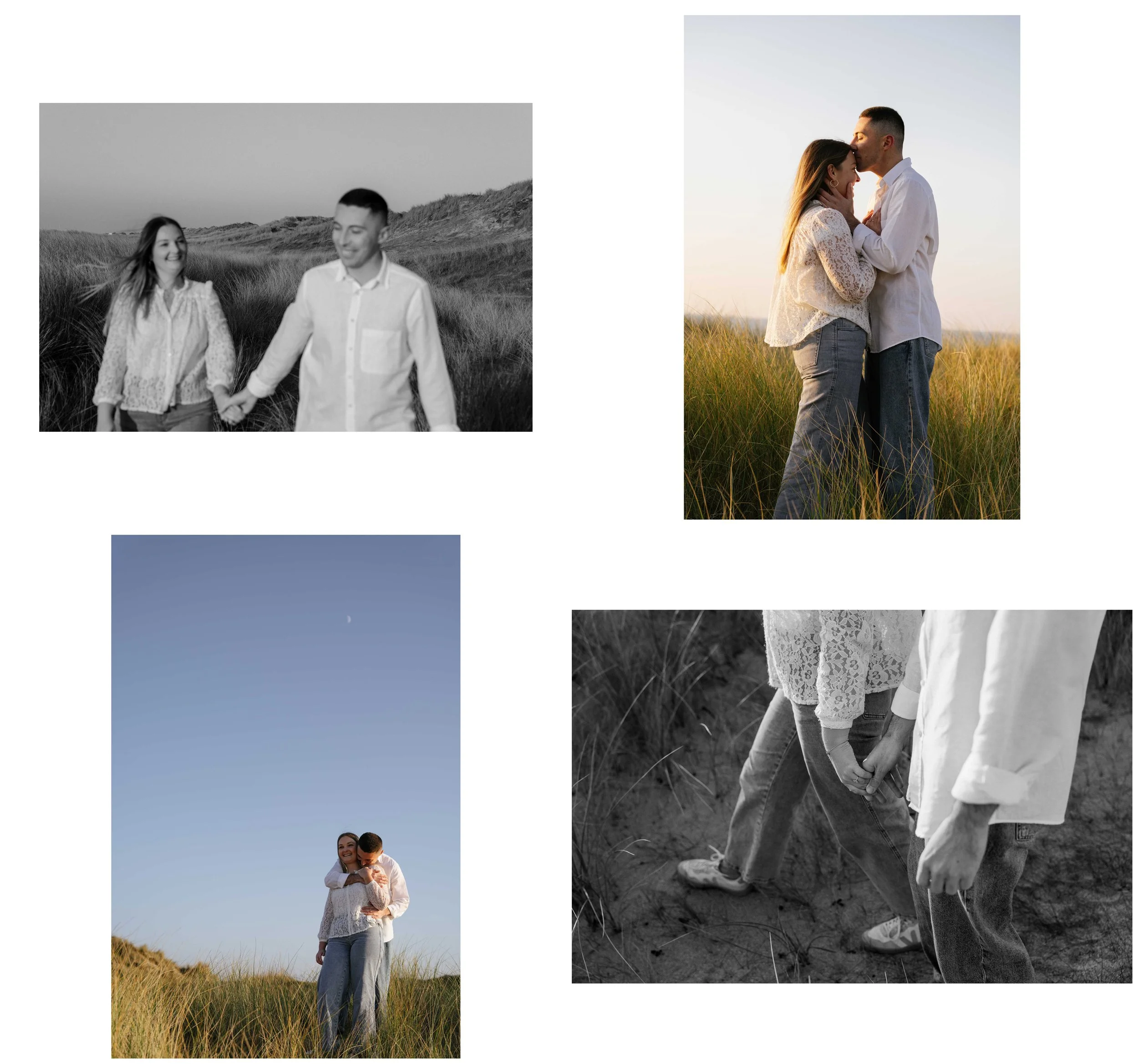 Un couple se tient main dans la main dans un champ, deux personnes s'embrassent, et un autre couple s'enlace sous le ciel nocturne, en arrière-plan.