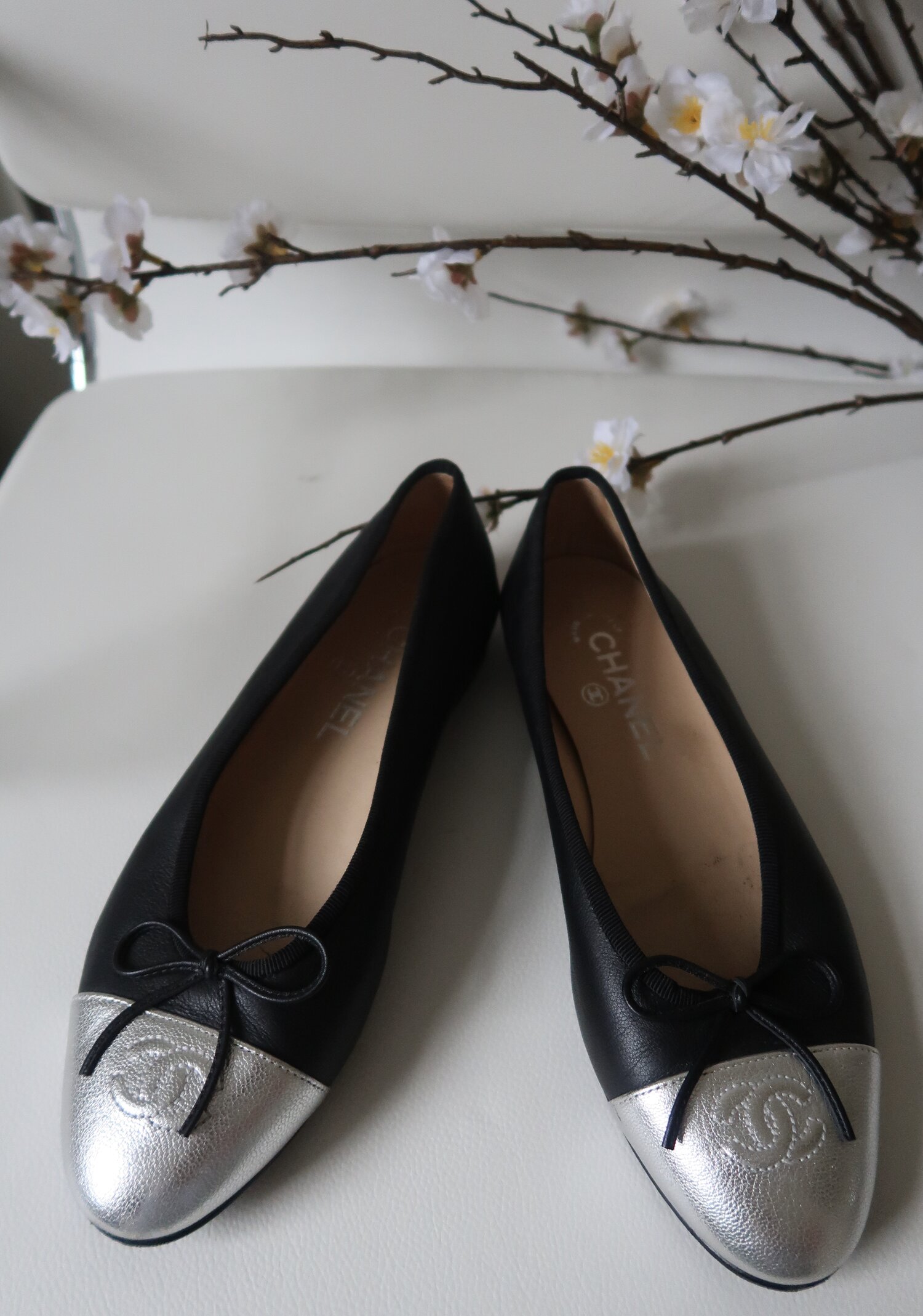 Chanel Black Leather & Silver Toe Cap Ballet Flats, Size 38 — Blaise Ruby Loves Chanel Black Leather & Silver Toe Cap Ballet Flats, Size 38 — Blaise Ruby Loves
