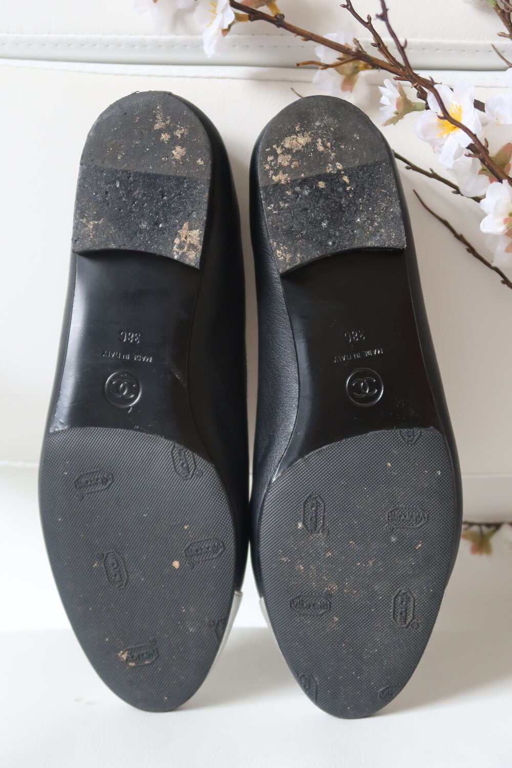 Chanel Black Leather & Silver Toe Cap Ballet Flats, Size 38 — Blaise Ruby  Loves