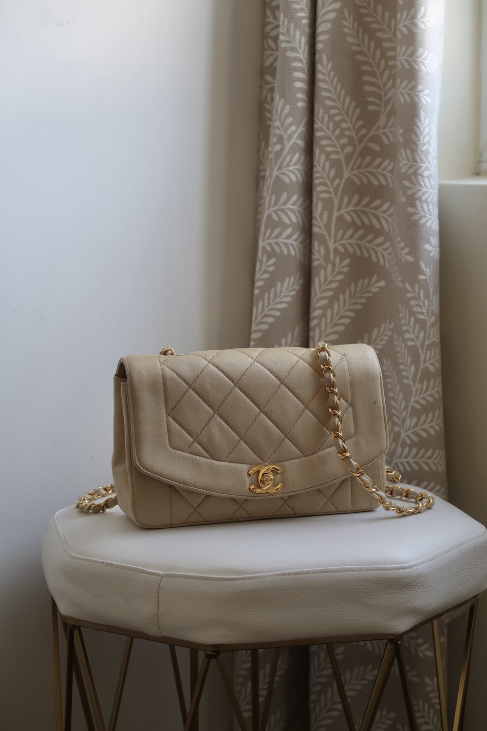 Vintage Chanel Beige Fabric Quilted Diana Flap Bag - 2 series (1991 - 1994)  — Blaise Ruby Loves