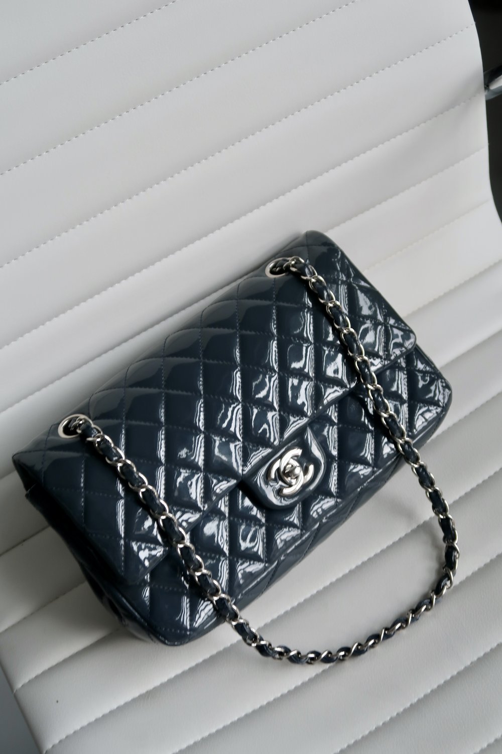 Chanel Dark Navy Patent Classic Flap Bag — Blaise Ruby Loves