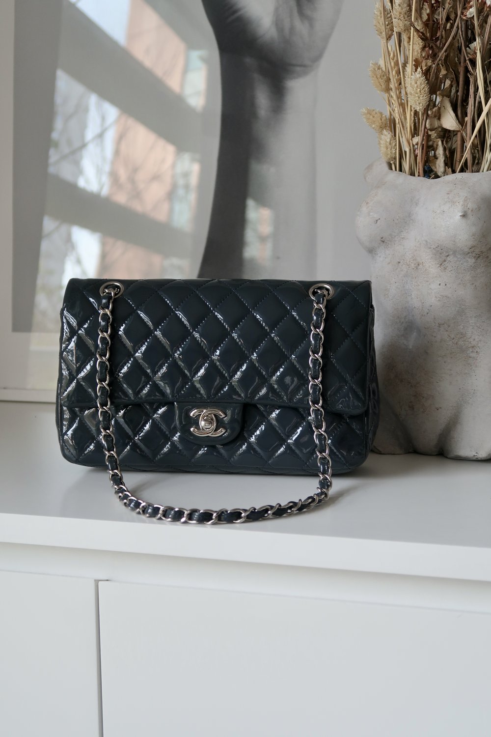 Chanel Dark Navy Patent Classic Flap Bag — Blaise Ruby Loves