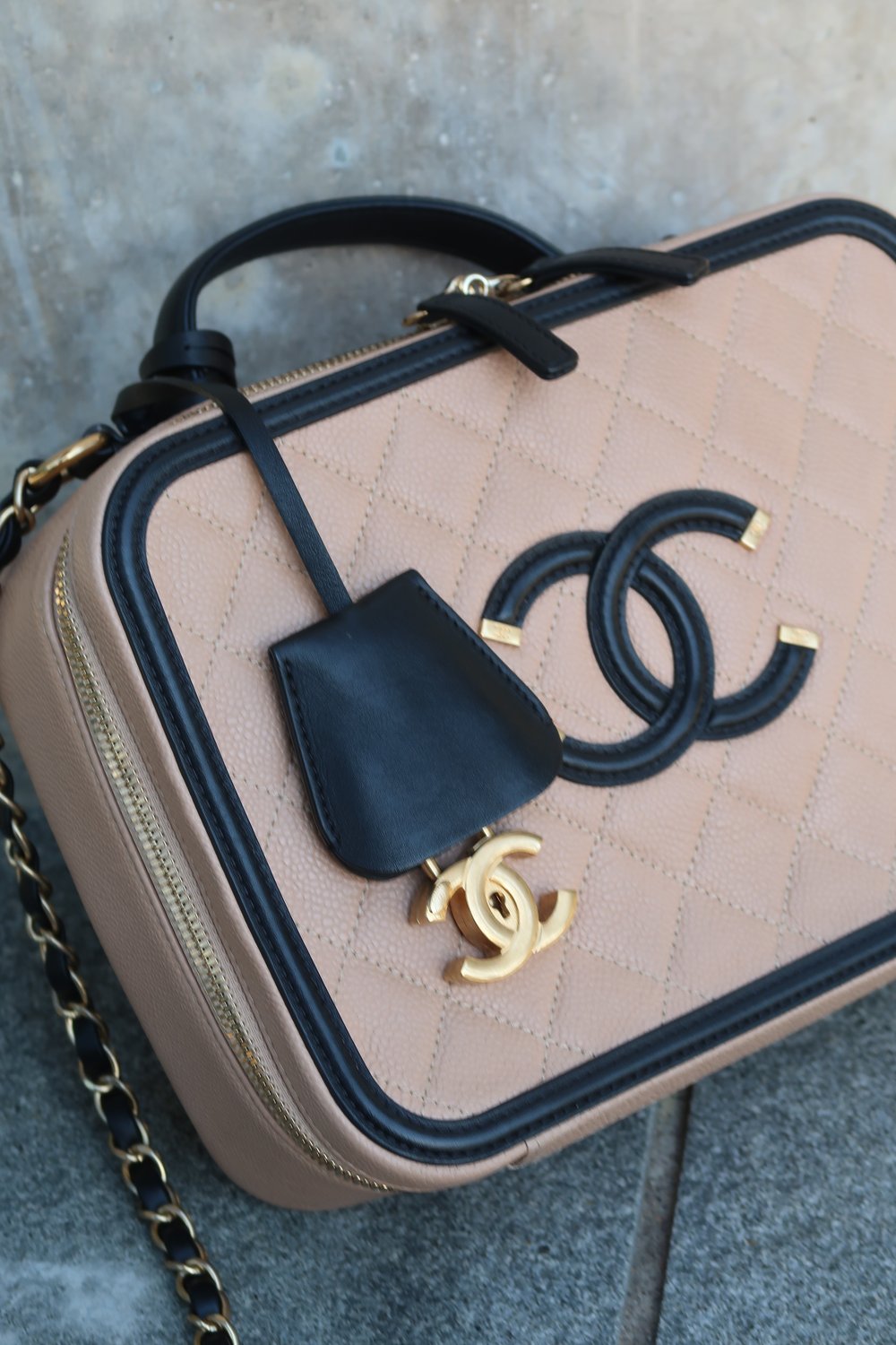 Chanel CC Filigree Vanity Case Beige & Black — Blaise Ruby Loves