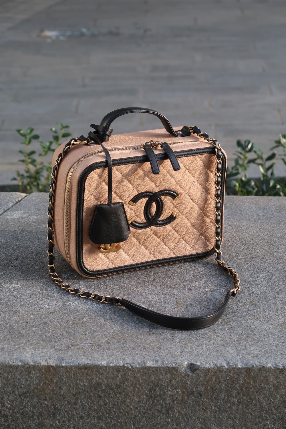 Chanel CC Filigree Vanity Case Beige & Black — Blaise Ruby Loves