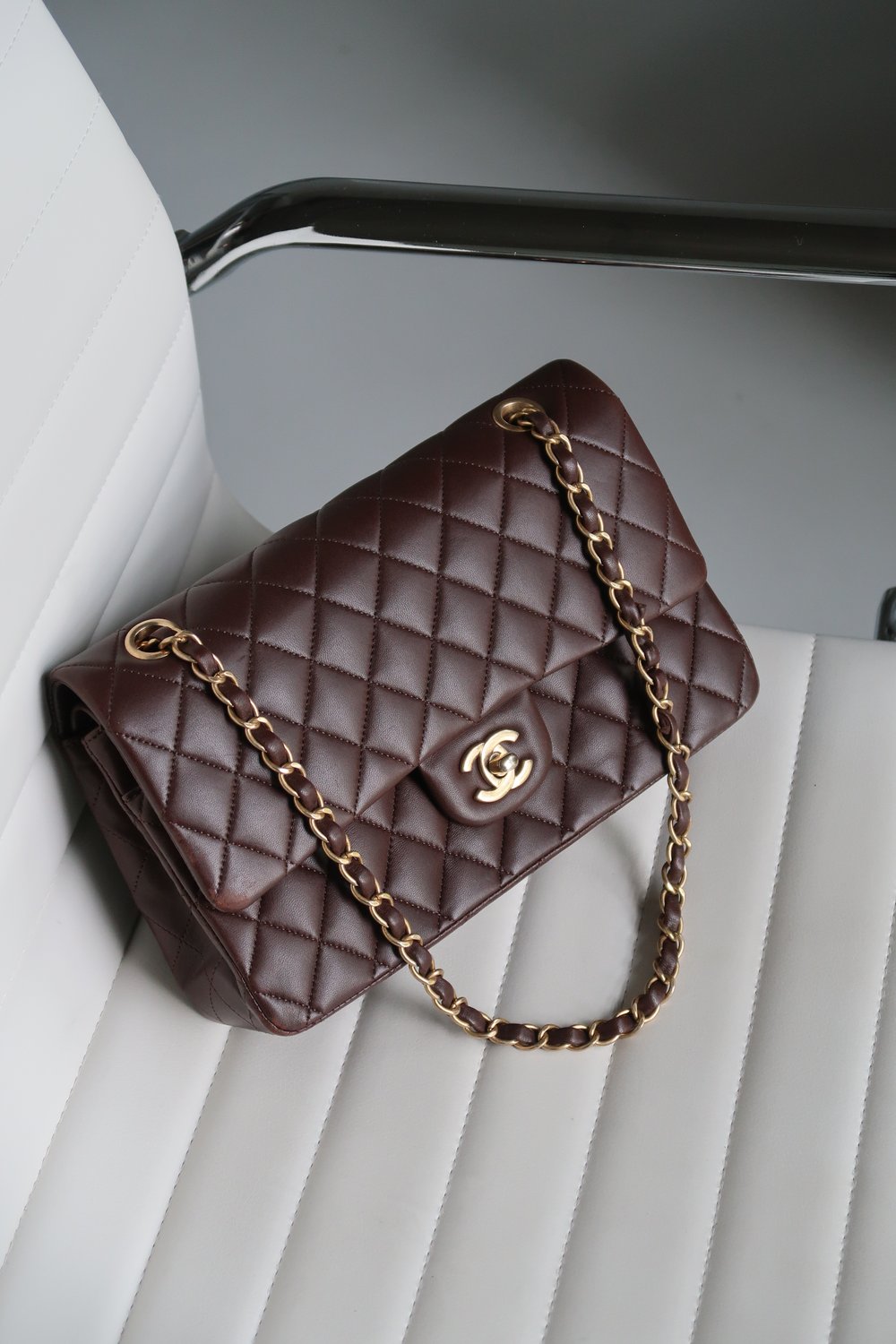 CHANEL Classic Medium Double Flap Caviar Leather Shoulder Bag Chocolat