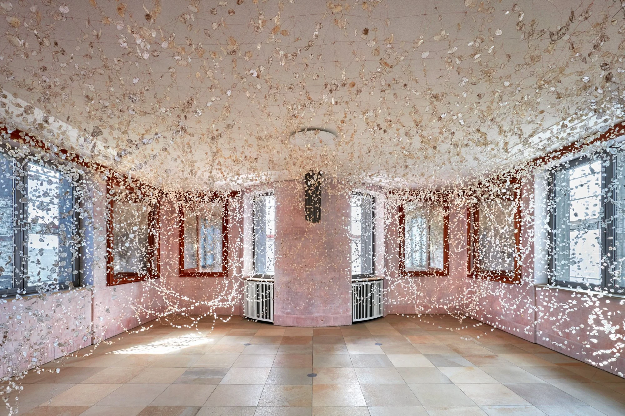 Rebecca Louise Law, Honesty, 2026. Installation view, Globe House at Gottorf, Schleswig-Holstein. Lunaria and enamelled copper wire. Photo: Jan Brockhaus