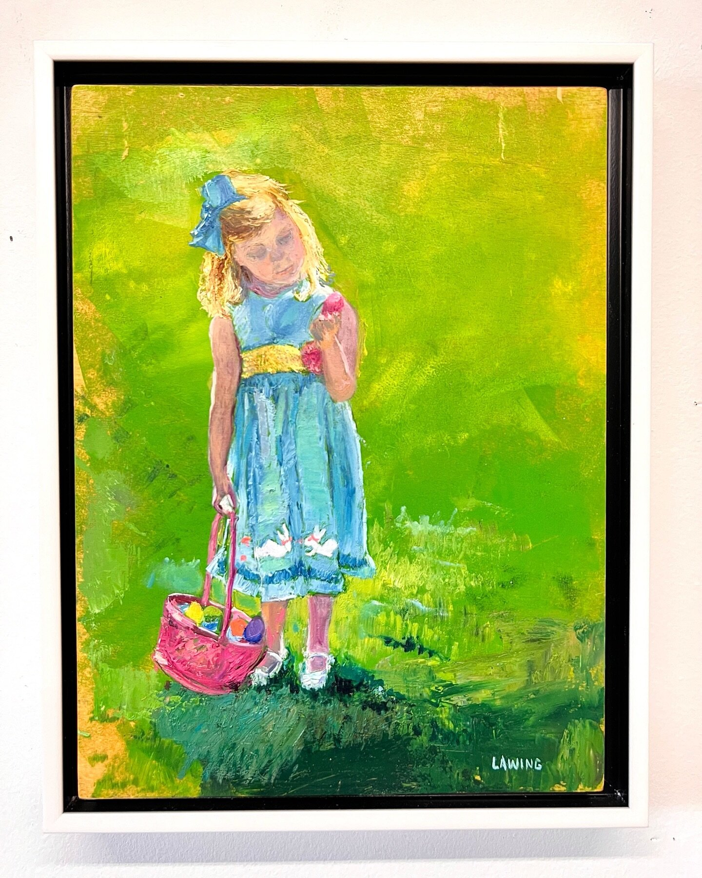 Another little girl from my Easter series. Love how she&rsquo;s inspecting the goods! 
.
A Good Egg &bull; 12x9 inches &bull; oil on cradled wood panel in white wood floater frame &bull; &copy;Julia Chandler Lawing &bull; available 

#egghunt #easter