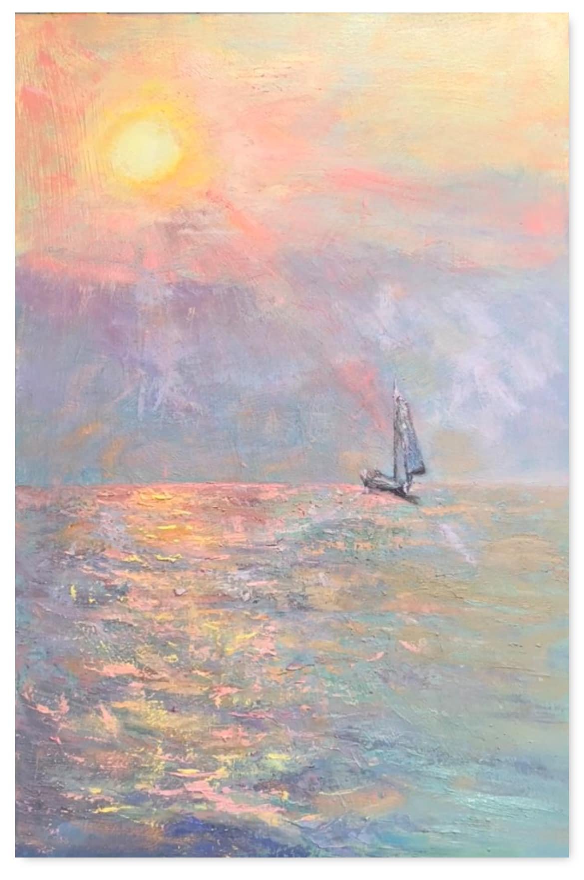 Into The Horizon: This original oil painting, 36x24 inches, is inspired by our family&rsquo;s sunset sail from Block Island, Rhode Island. Captained by Alex, a young lad from Ireland, we set out from the Block Island Club and sailed out of the Great 