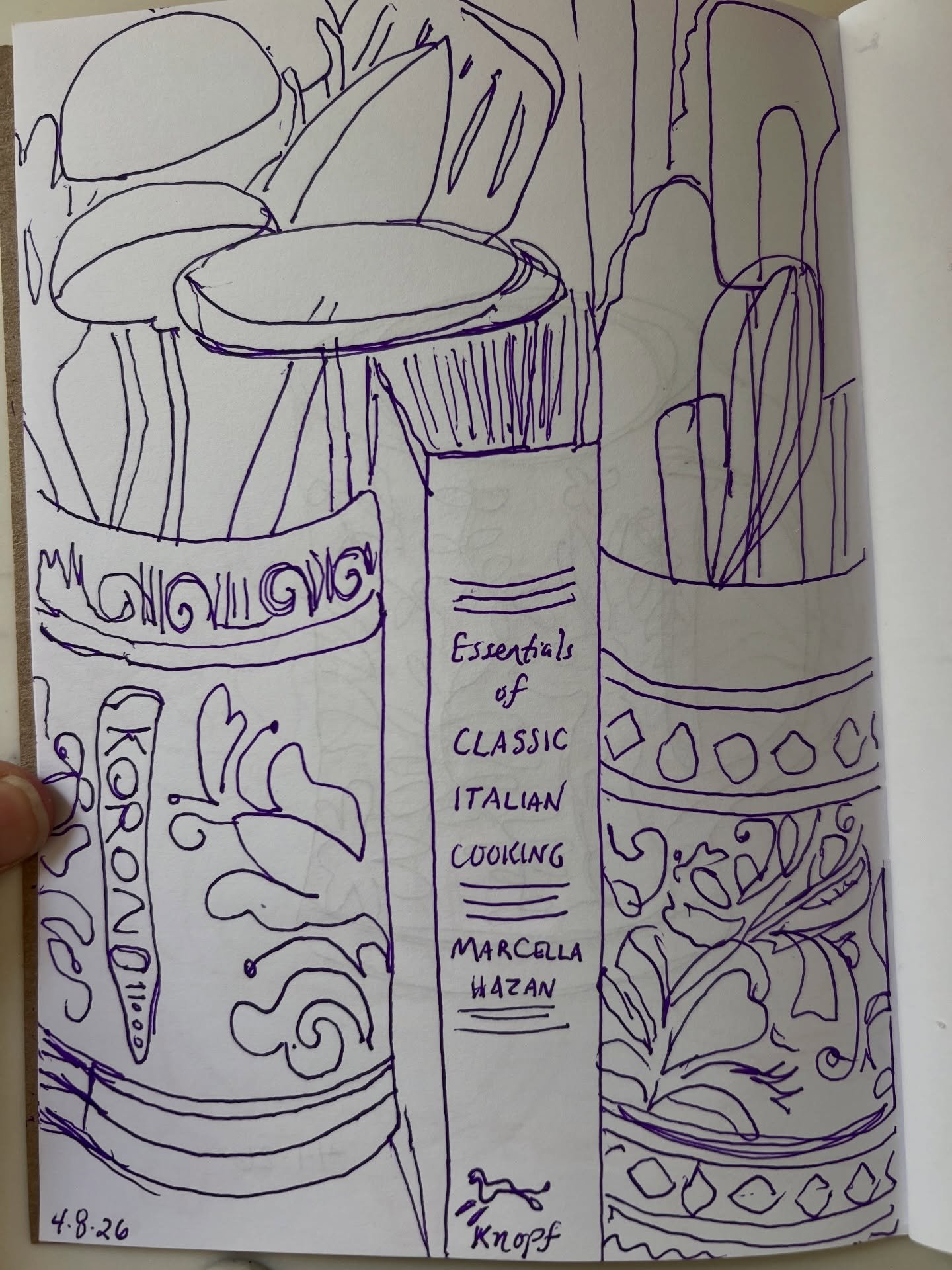 Enjoying contour still life sketches lately! Blue &amp; white Romanian utensil holders sandwiching my Italian cookbook