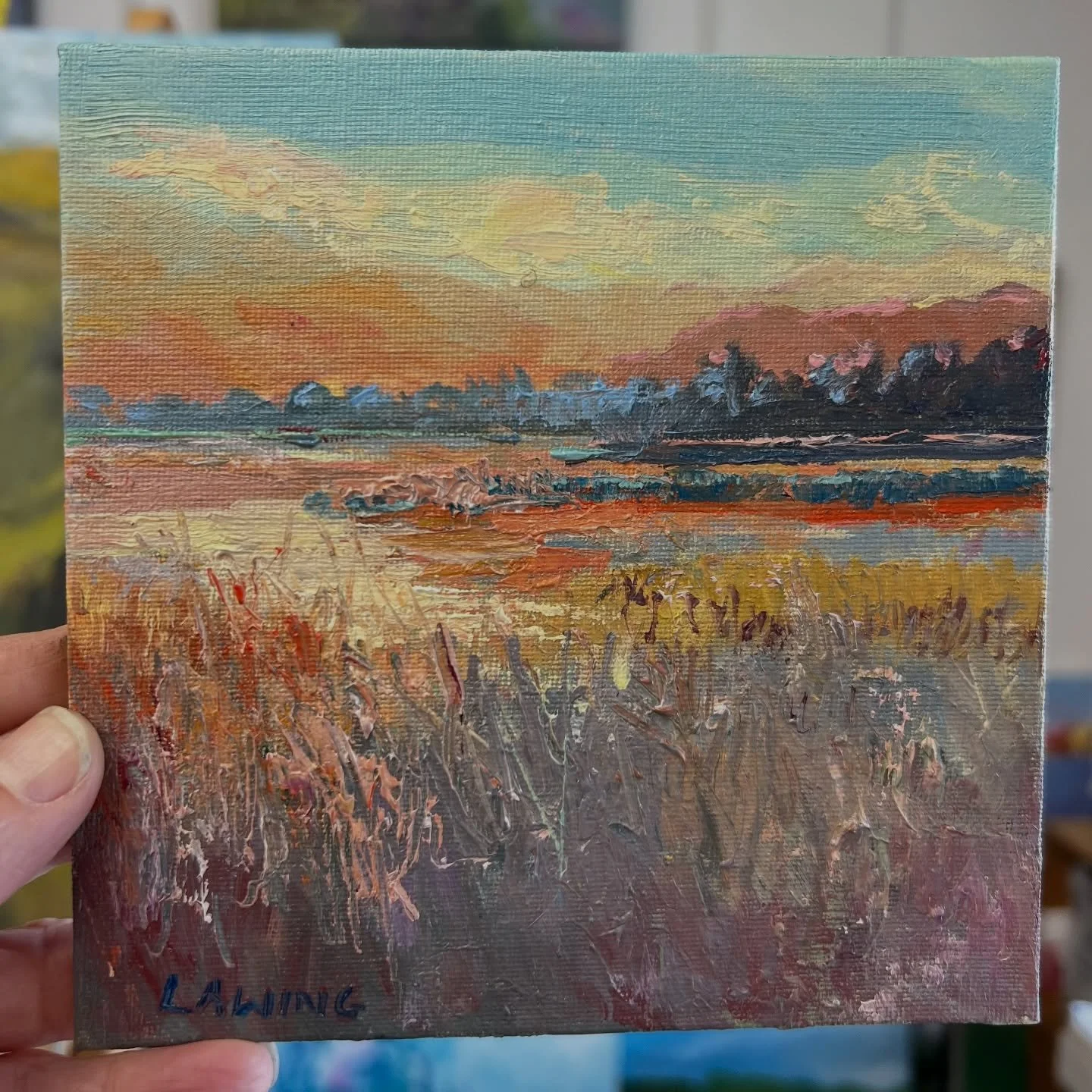 A little 6x6 marsh painting, Favorite Place, oil on canvas panel