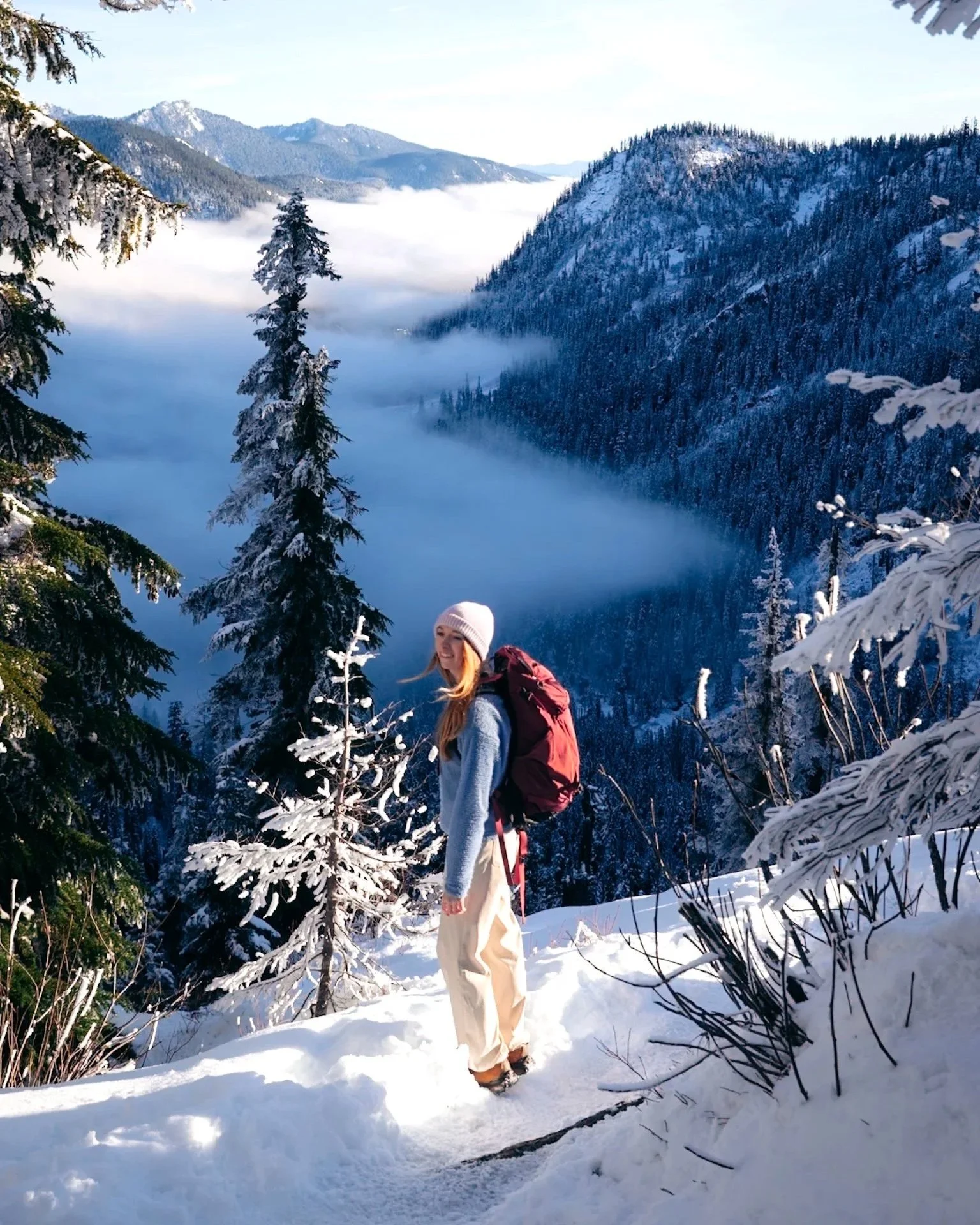 Erin wearing the Columbia Brea Falls Women's Hiking Pants Hiking in Washington State in Winter - best women's hiking pants