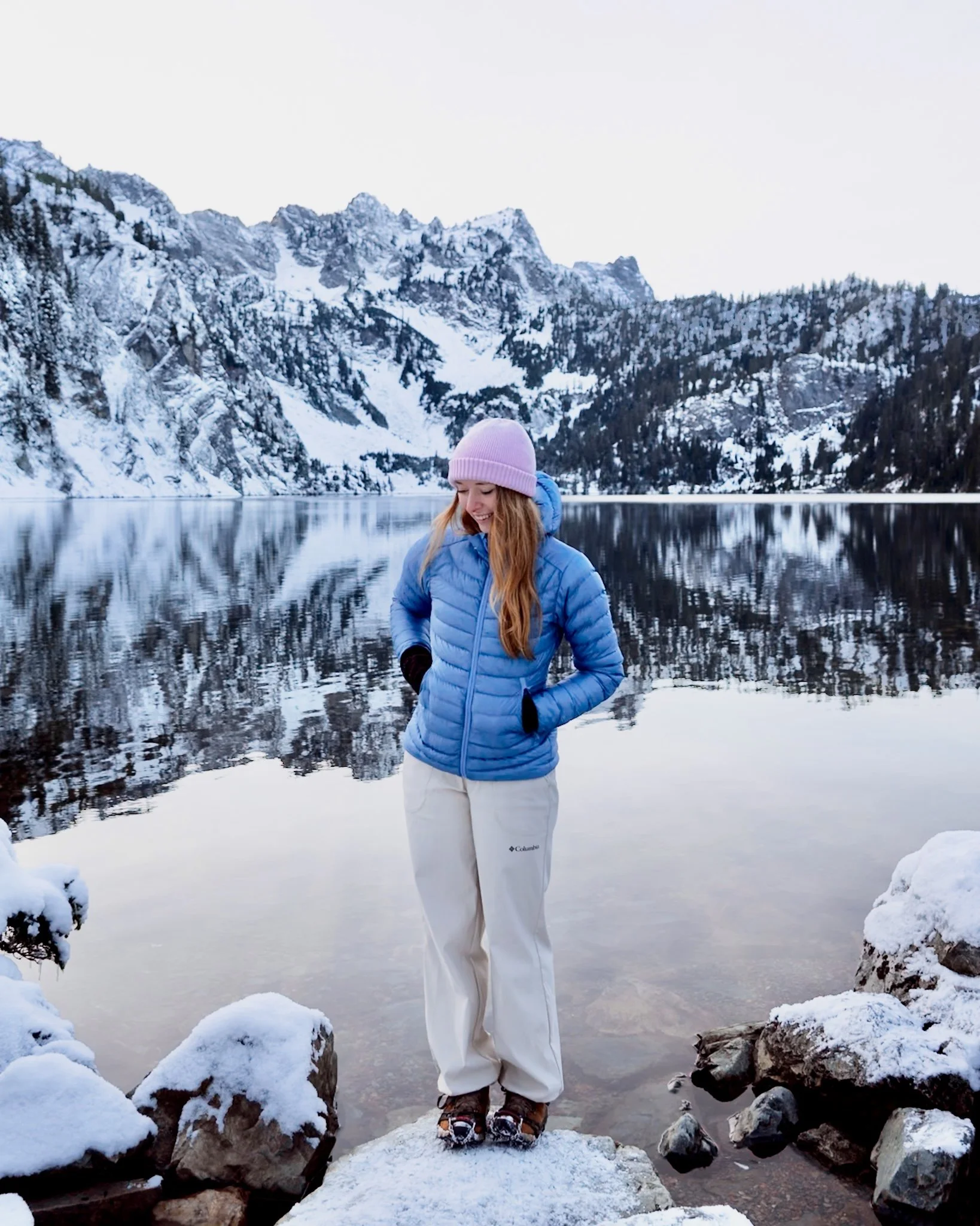 Erin wearing the Columbia Brea Falls Women's Hiking Pants Hiking in Washington State in Winter - best women's hiking pants