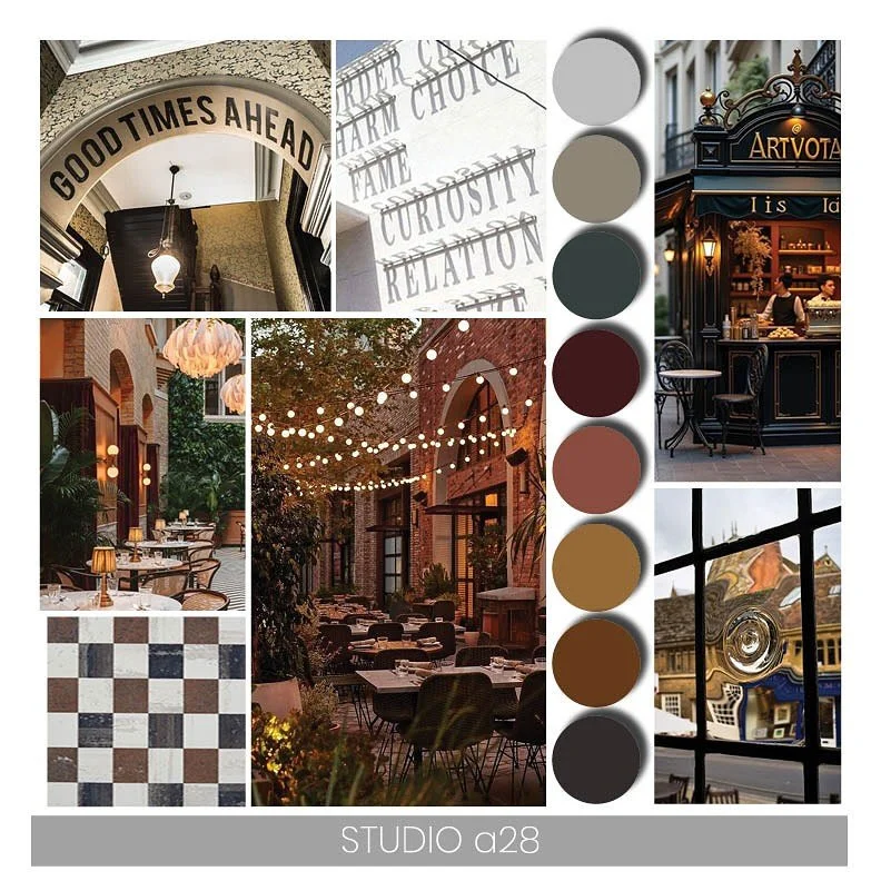 🗣️RUMOR // Our Tribute Portfolio project takes shape through a few distinct concept boards. Each designed for a different area of the hotel. The mood? Rebellious and untamed. Bold patterns make a statement, tailored casegoods ground the vision, and 