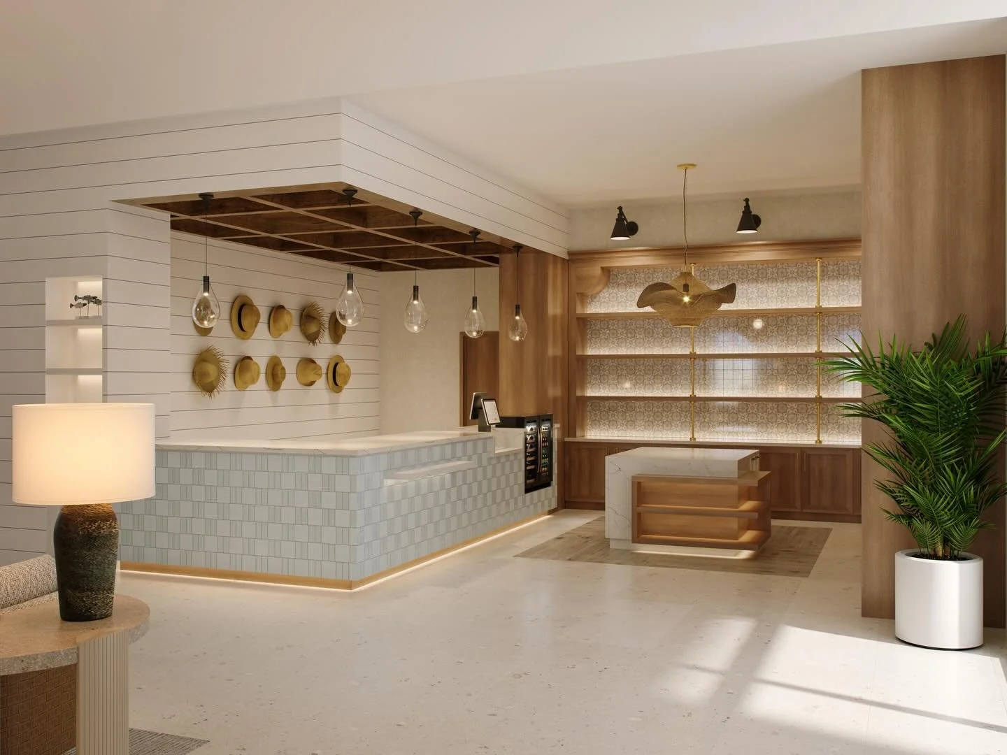🍃BREEZY // Our newest renderings reveal the welcoming heart of the 30A retreat. A reception and lobby experience shaped by soft coastal light, warm textures, and effortless calm.

At reception, pale blue tile facade, shiplap walls, and natural woods