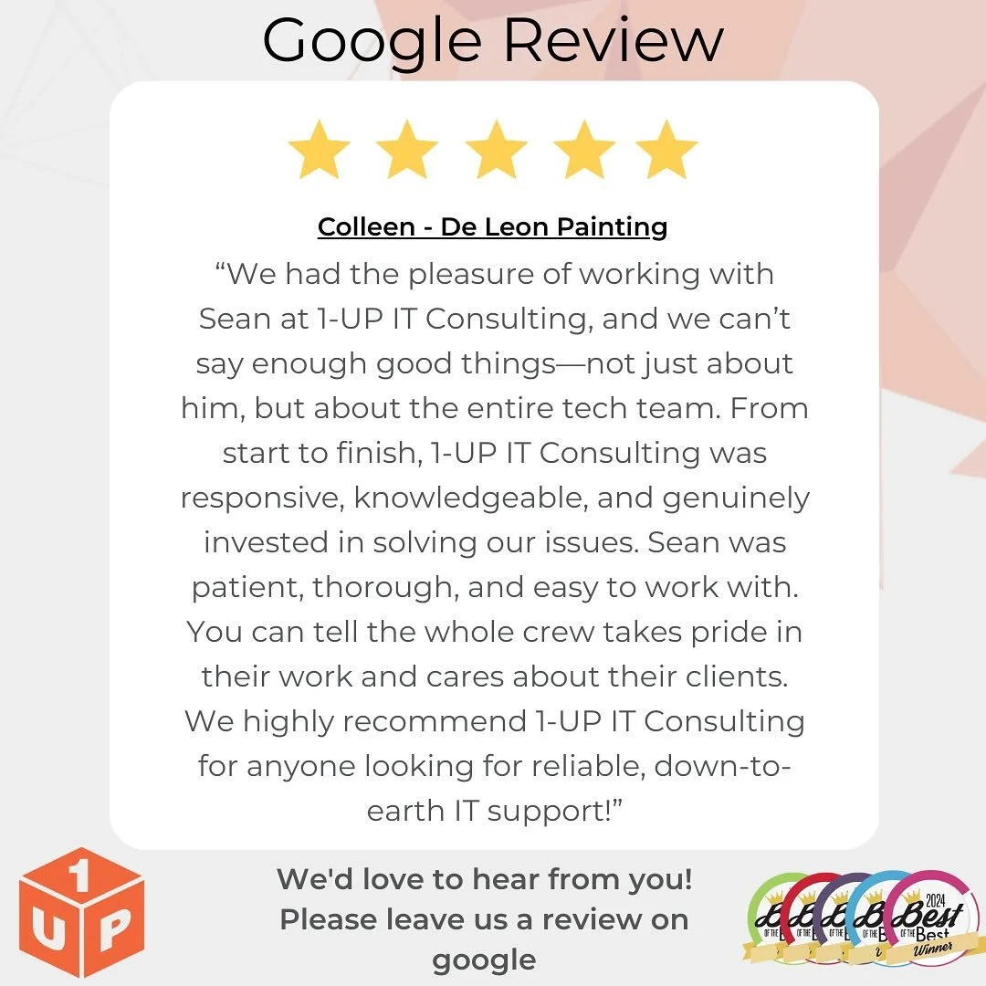 🌟 Big thanks to Colleen from De Leon Painting for the amazing Google review! We truly appreciate your kind words and support &mdash; it means the world to us here at 1-UP IT Consulting. 💻✨

If we&rsquo;ve helped you or your business, we&rsquo;d lov