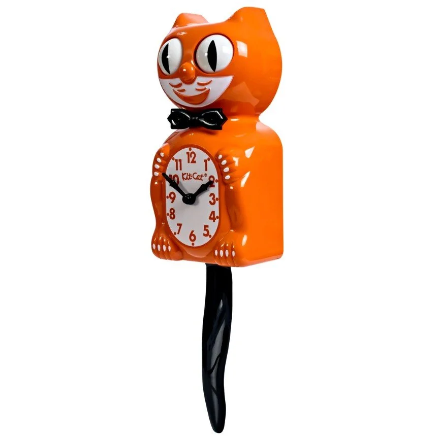 horloge, kit cat clock, orange, fun, coloré, décoration, heure, bouger, queuen couleur, changement, noeud papillon.jpg