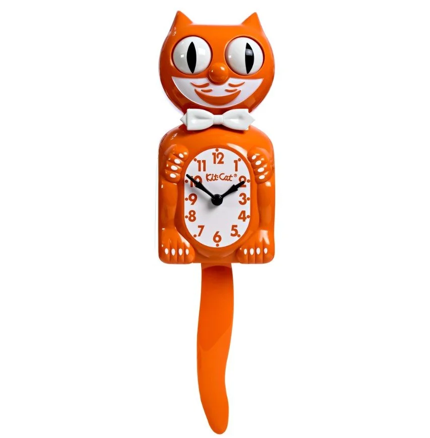 horloge, kit cat clock, orange, fun, coloré, décoration, heure, bouger, queuen couleur, changement.jpg