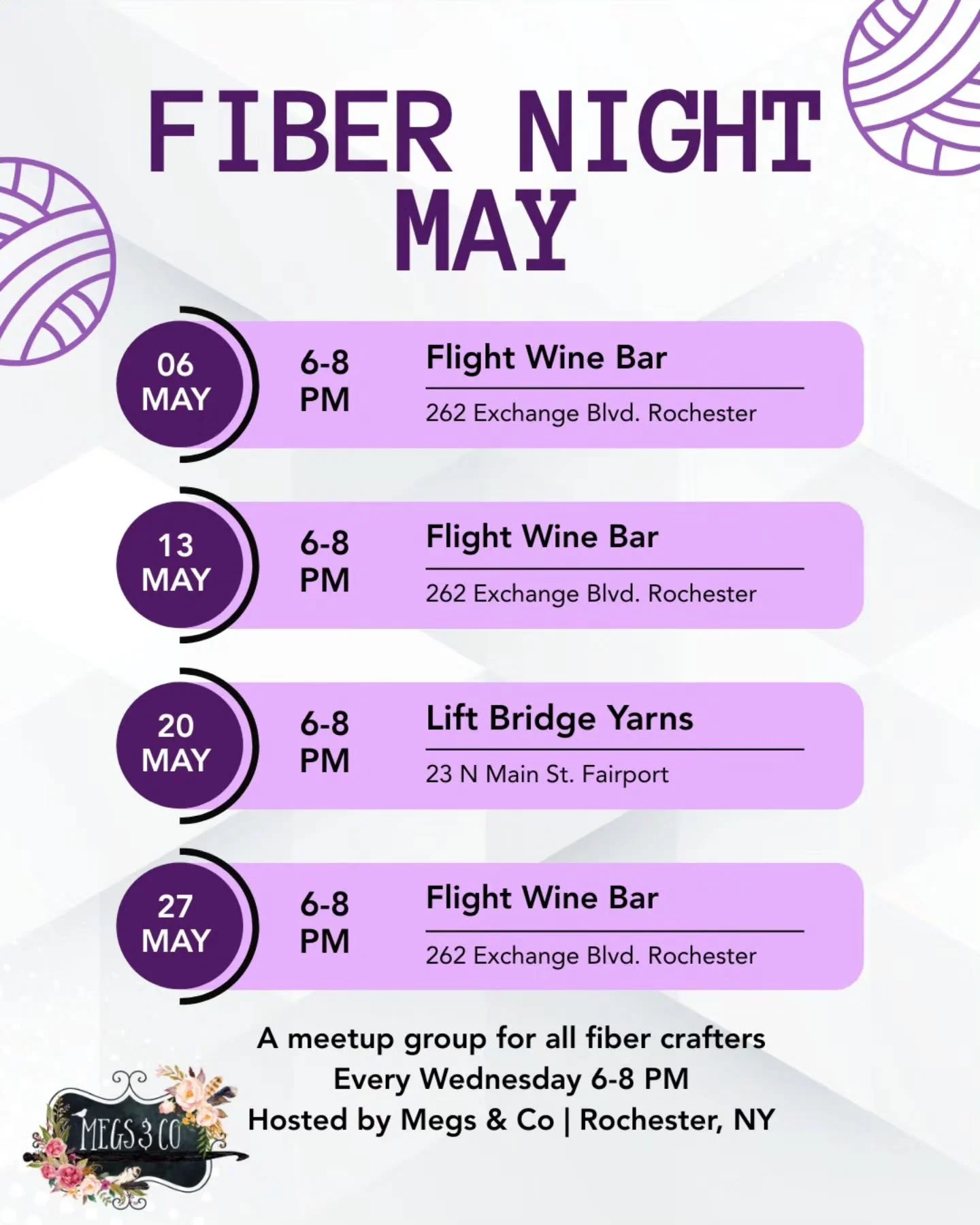 As the weather begins to warm and the days grow longer, Fiber Night gets extra special as our meetups begin to venture outdoors! Same great venues, but now we get to spread out on the patio to watch the sun set against the city skyline or alongside t