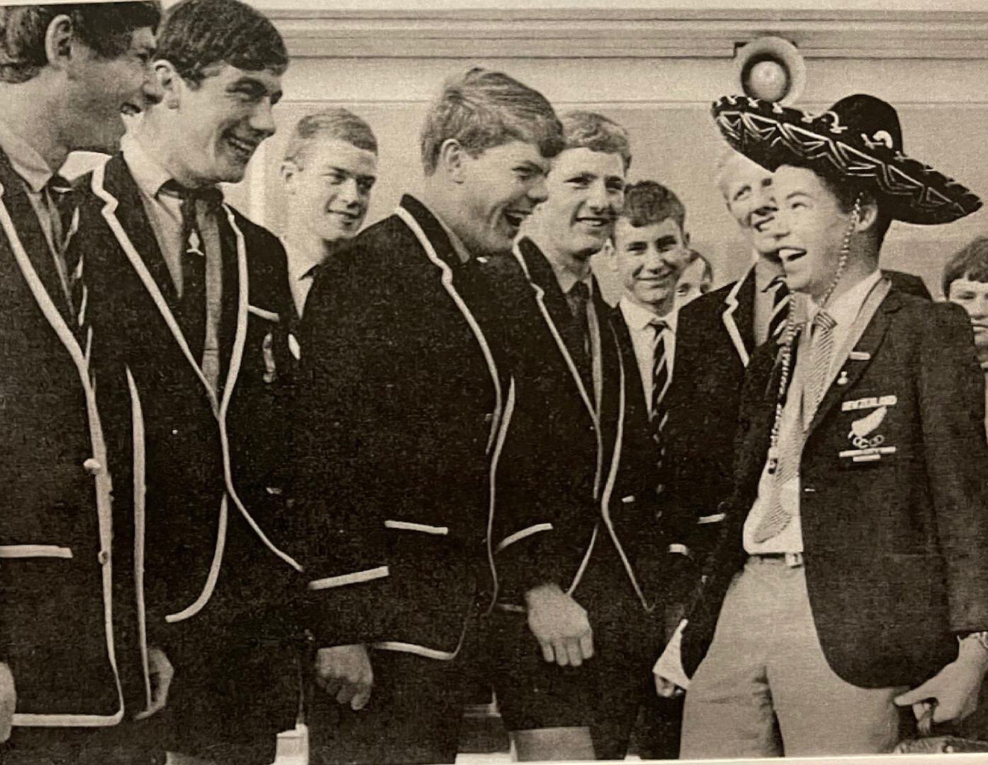 As we near the Olympic Games, we remember those who excelled at their sport and made their country proud. Pictured here is Simon Dickie returning back to high school, Whanganui Collegiate, after winning gold coxing the New Zealand Four at the 1964 Ol