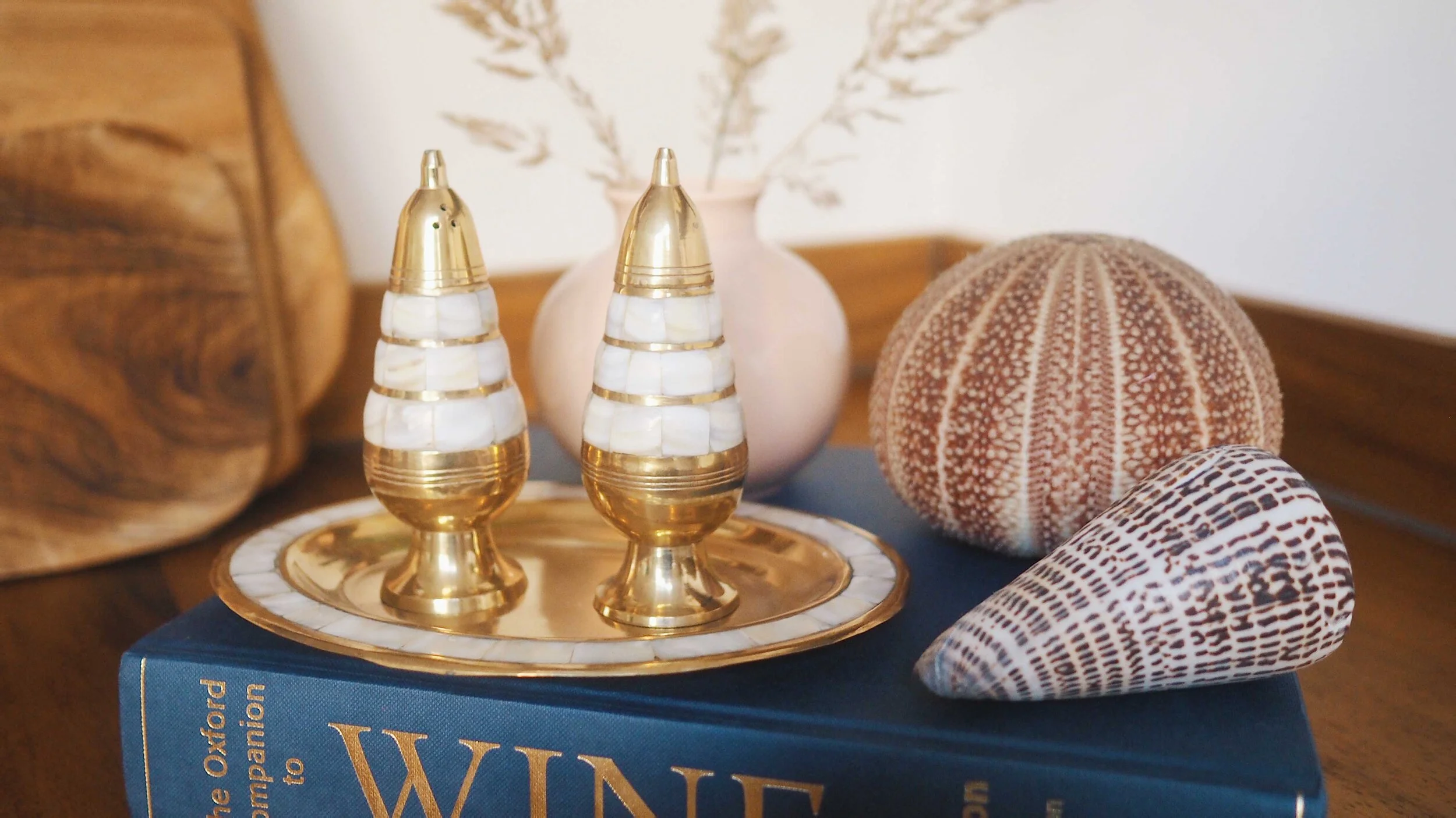 MOTHER OF PEARL AND BRASS SALT AND PEPPER SET